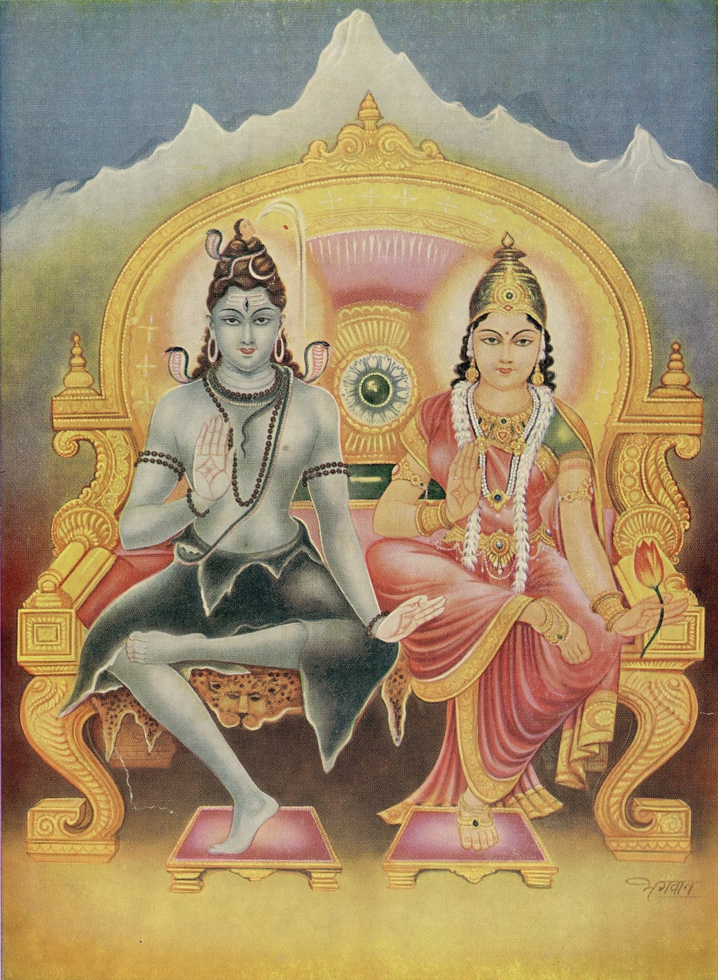 Vintage Hindu Print - Shiva and Parvati on a throne