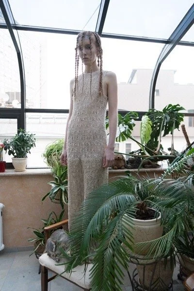 Maxi Oscar dress hand knitted from vintage linen yarn