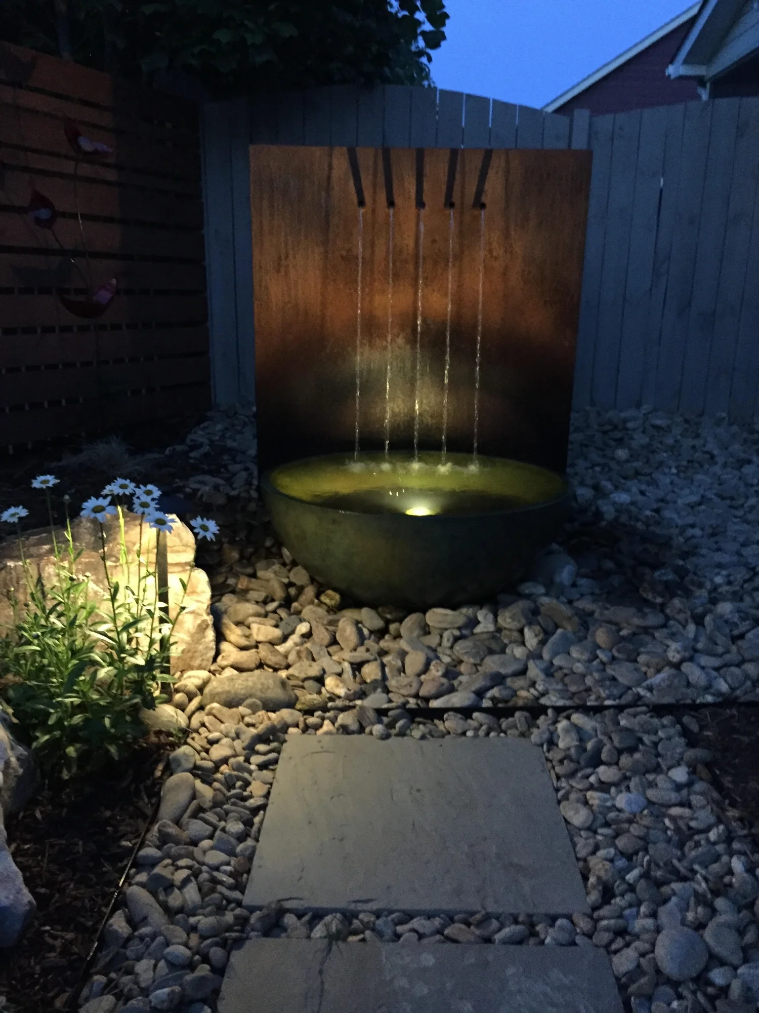 Rear Yard Contemporary Design- Steel Fountain Nightscaping