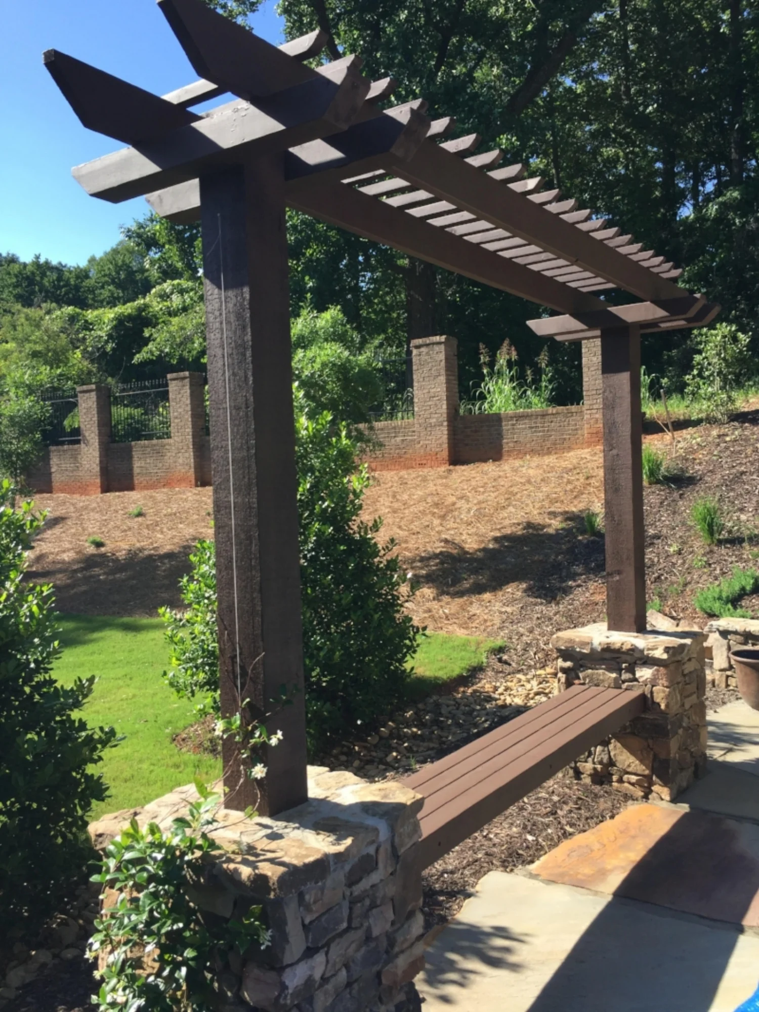 Stone and Wood Bench with Arbor