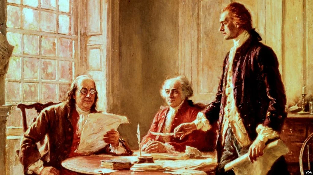 Founding Fathers, left to right, Benjamin Franklin, John Adams and Thomas Jefferson revise the Declaration of Independence. (Painting by Jean Leon Gerome Ferris)