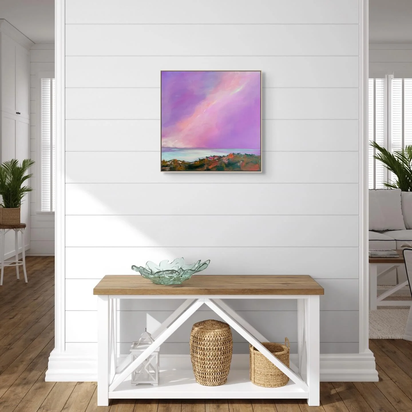 Sea Sparkle 
20 x 20&rdquo;

Another sparkling pink sky over blue waters to get lost in&hellip;. ⚡️🌈
Available on website now. Swipe for details 👉🏻