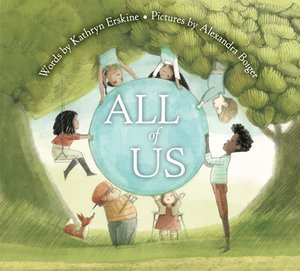 Children of all ethnicities form a circle to hold up the title of this book "All of Us"