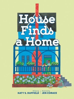 A blue house with red doors is pictured on the green cover of this book. 