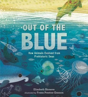 Fish and sea creatures swim across the cover of "Out of the Blue" picture book.