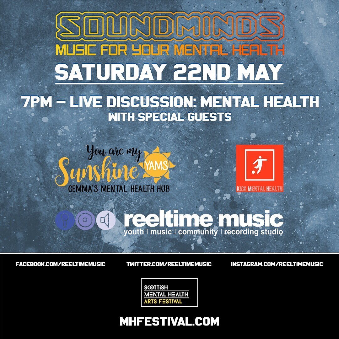 Soundminds welcome @yamscharity &amp; @kickmentalhealth to our live mental health discussion as part of the Scottish Mental Health Arts Festival 

Everyone is welcome and encouraged to join us at 7pm:
https://bit.ly/3fAP6xl