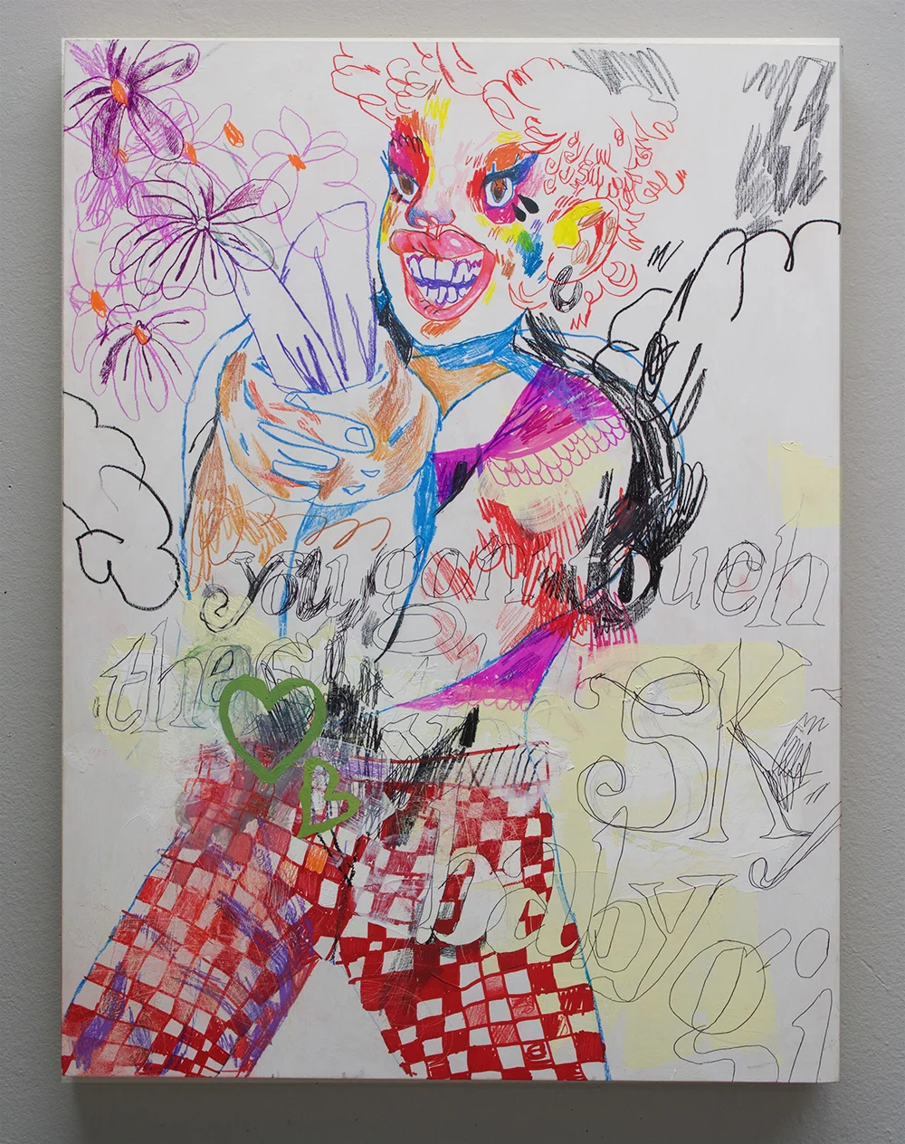 2018 acrylic, gouache, colored pencil, ball point pen and washable marker on panel