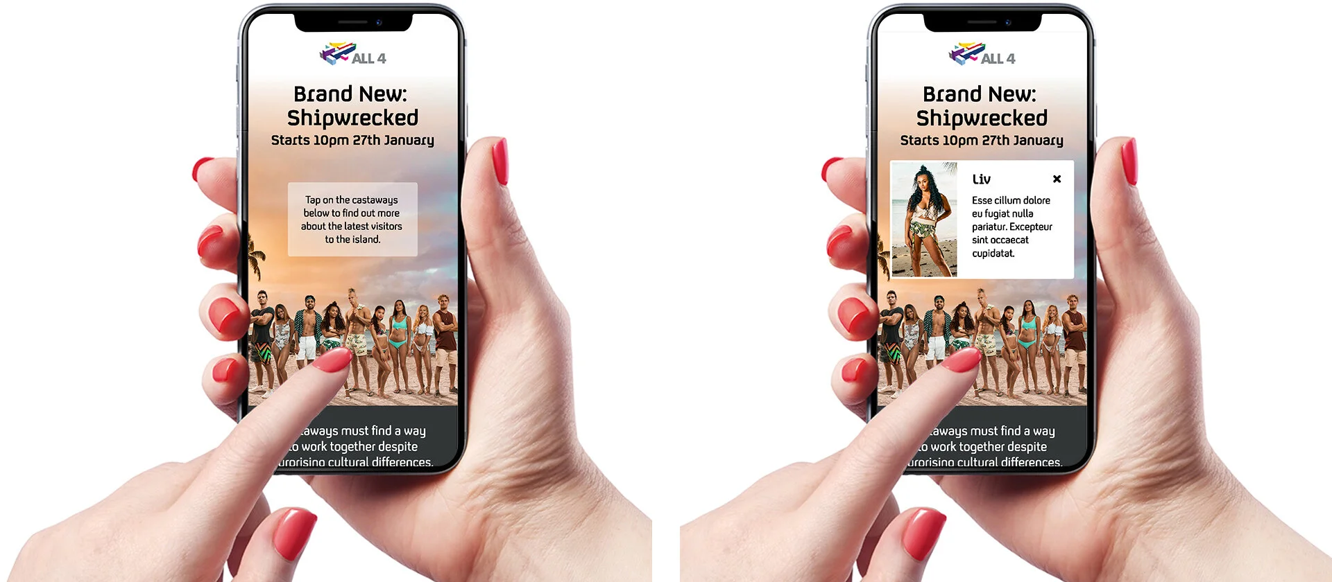 Tap on contestant to open a modal window featuring a bio