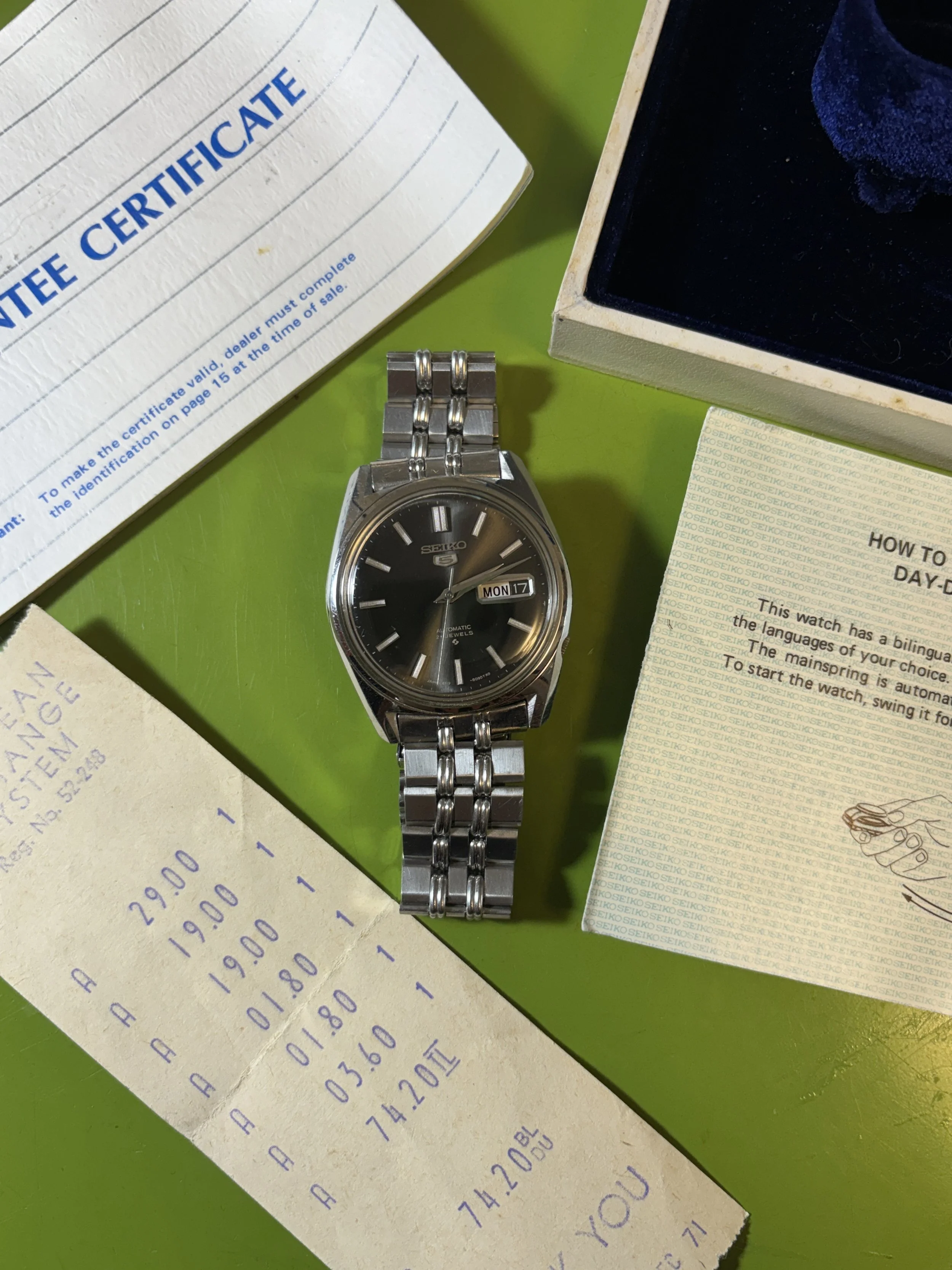 Seiko 6119-8093 w/ box, papers, & PX receipt!  Original Vietnam soldier purchase!  EX. Nice