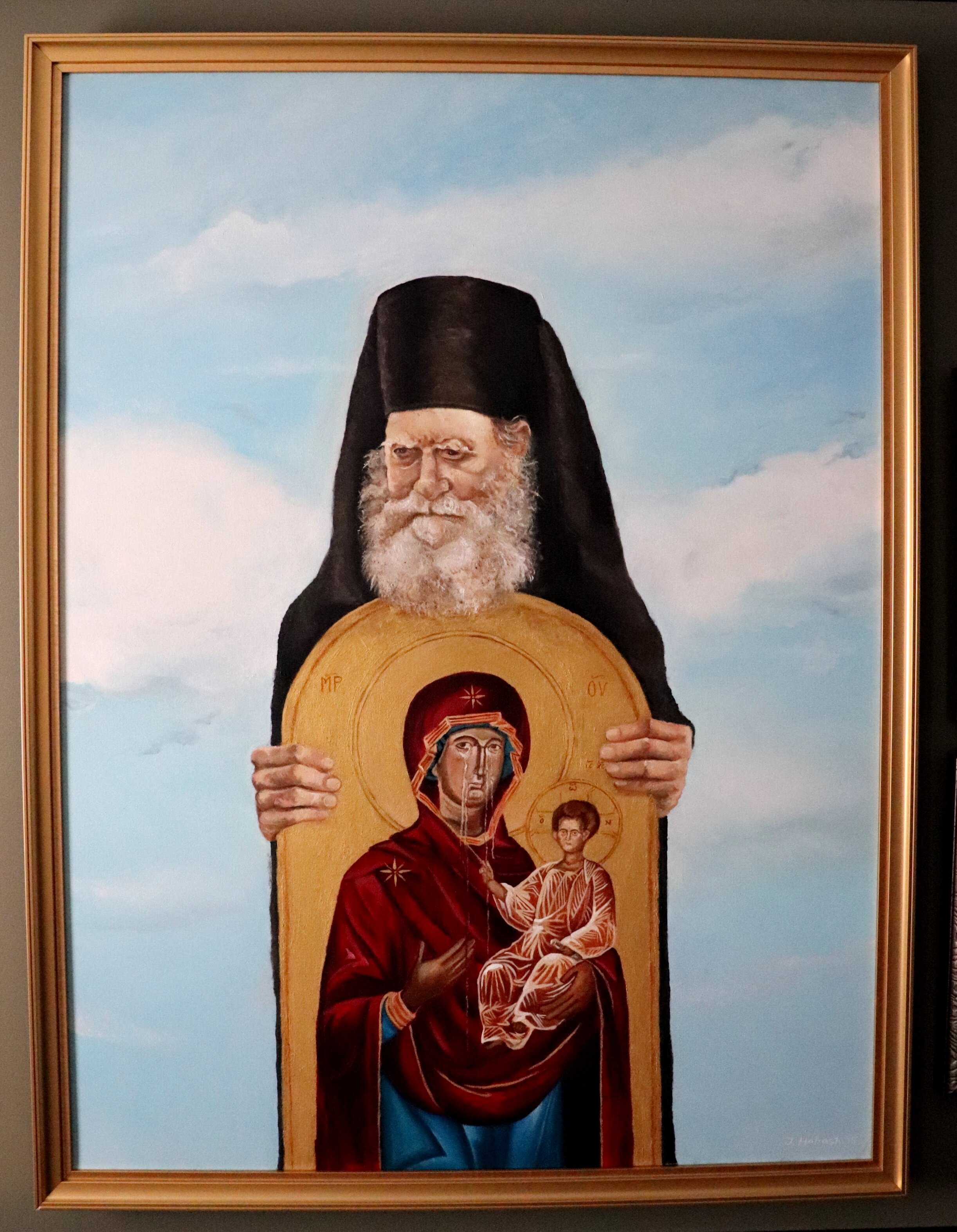  The Guardian   36” x 48”  Oil on canvas  Portrait of the reposed Brother Symeon + and the Icon of Our Lady of Cicero  Commissioned by St. George Antiochian Orthodox Church  