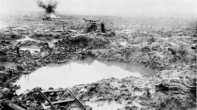 This tank was bogged down in the mud at Passchendaele when a German artillery barrage destroyed it.