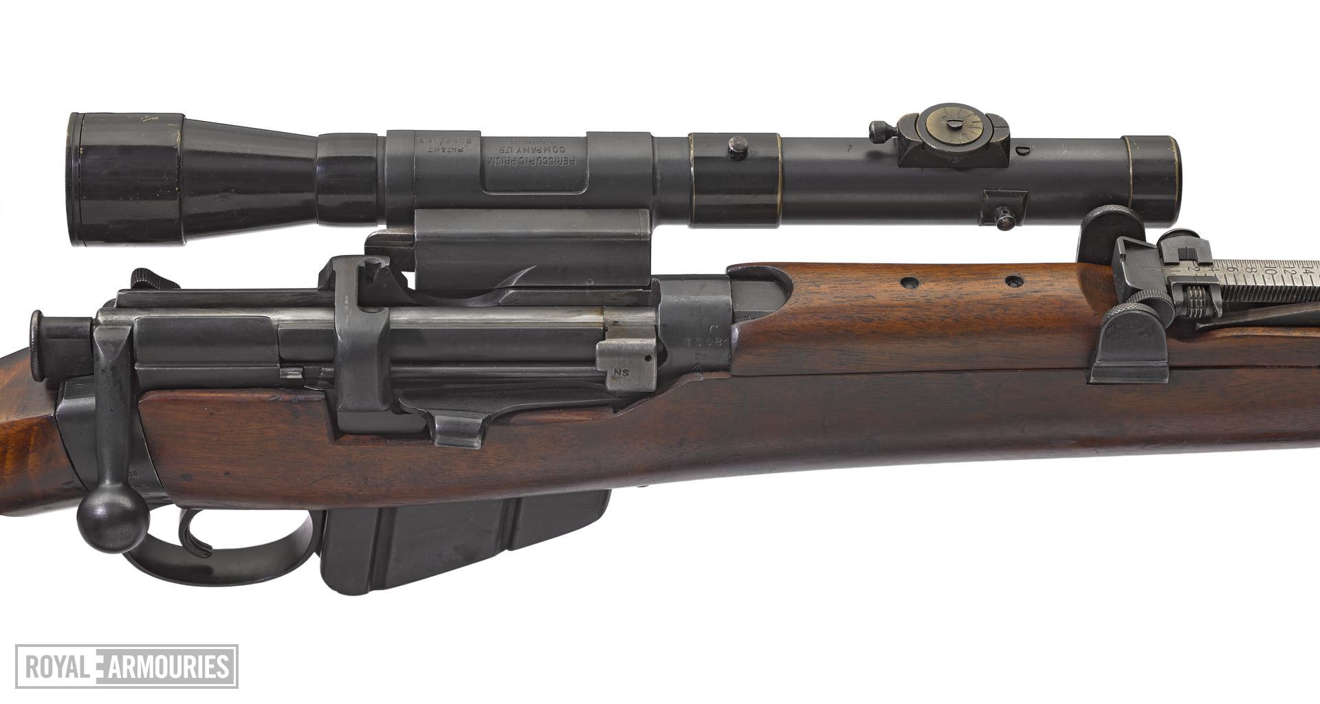 Centrefire bolt-action sniper rifle - Short, Magazine Lee-Enfield (SMLE) rifle Mark III fitted_with Periscopic Prism (PPCo) telescope (about 1916) copy.jpg