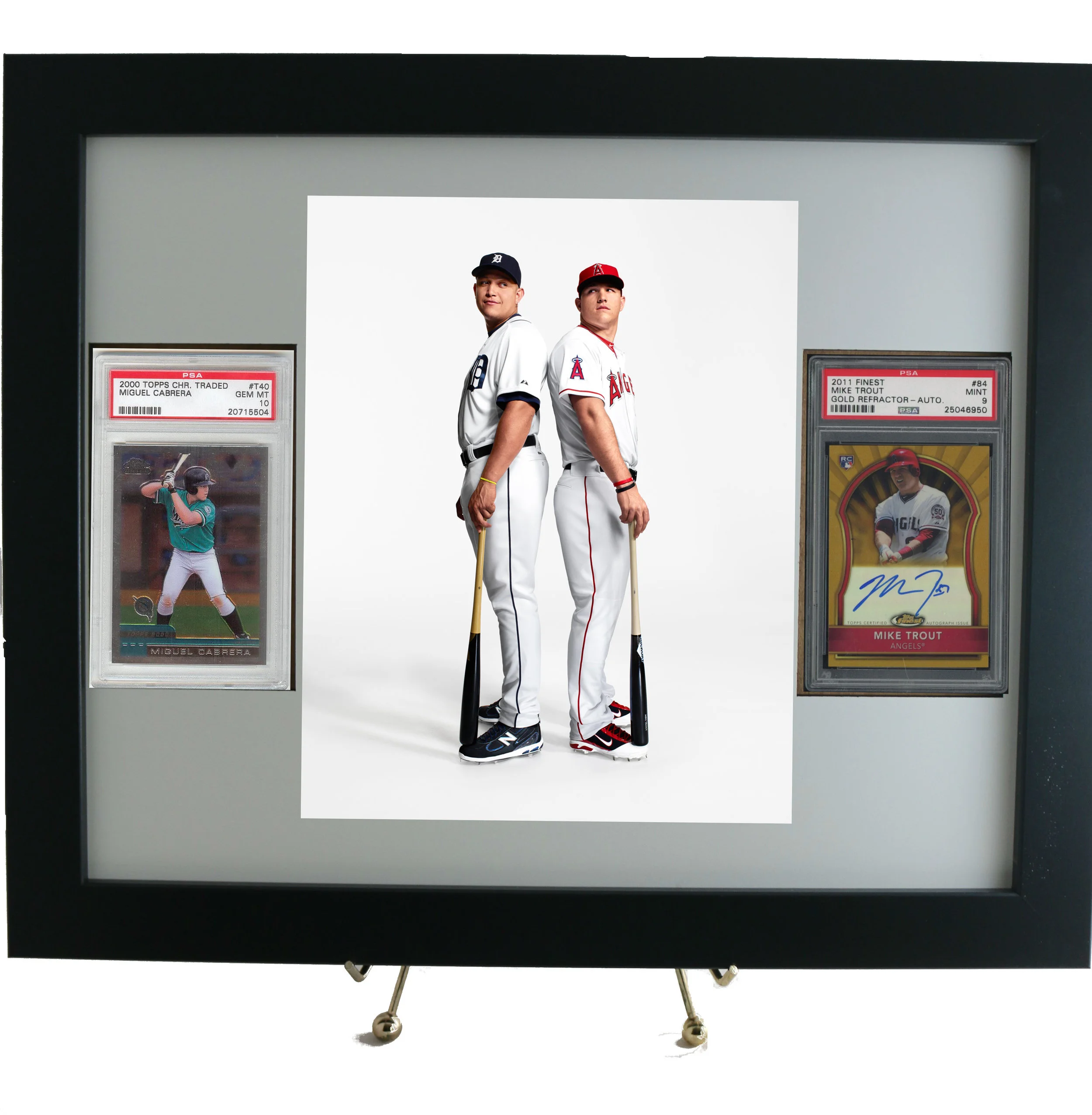 Sports card frame for (2) PSA graded vertical cards with an 8 x 10 vertical photo opening