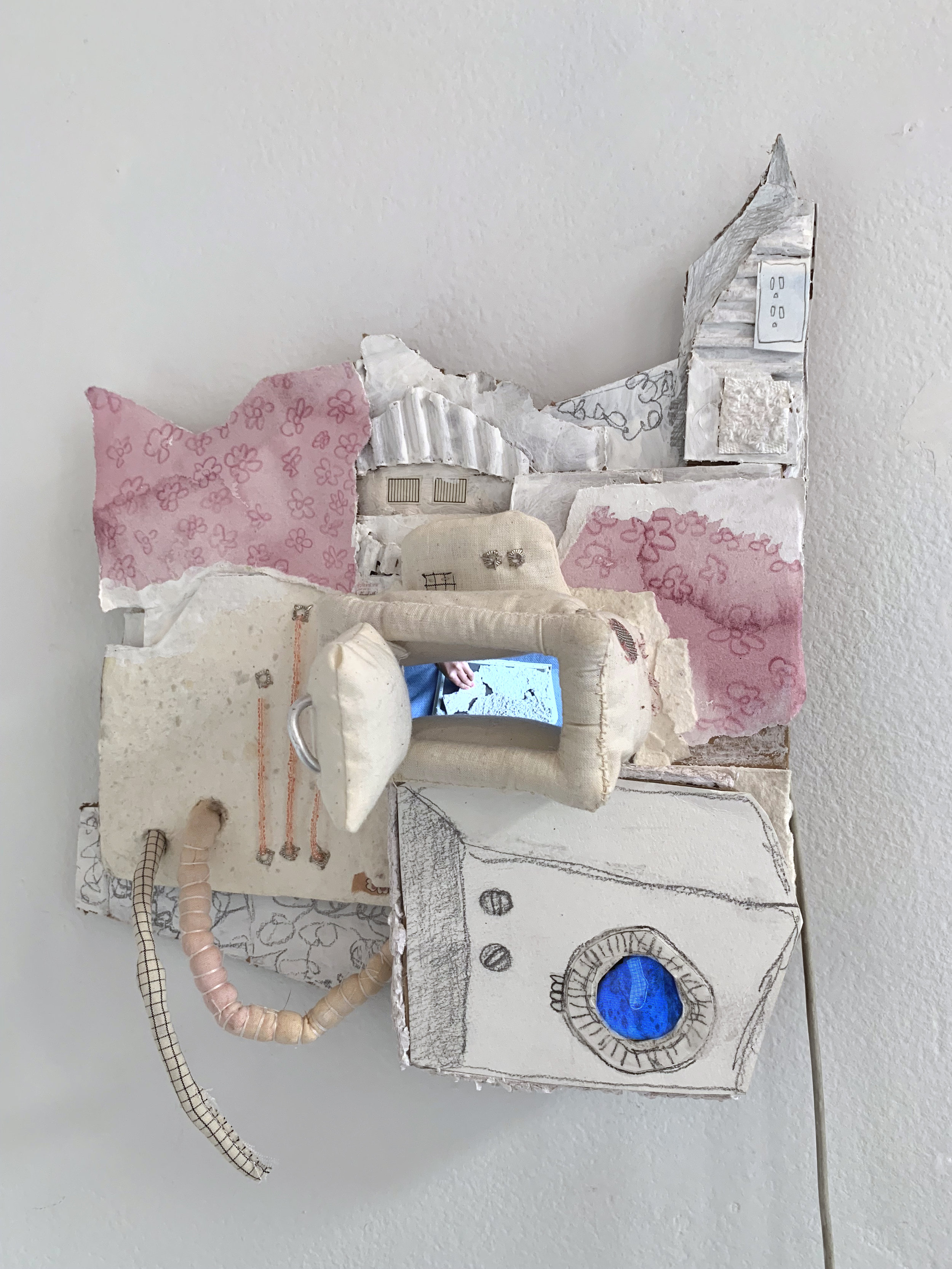   Untitled 3,  cardboard, paper, watercolor, beads, paint, fabric, graphite, video, picture slideshow, 2018  In collaboration with Rachel Wilkins 