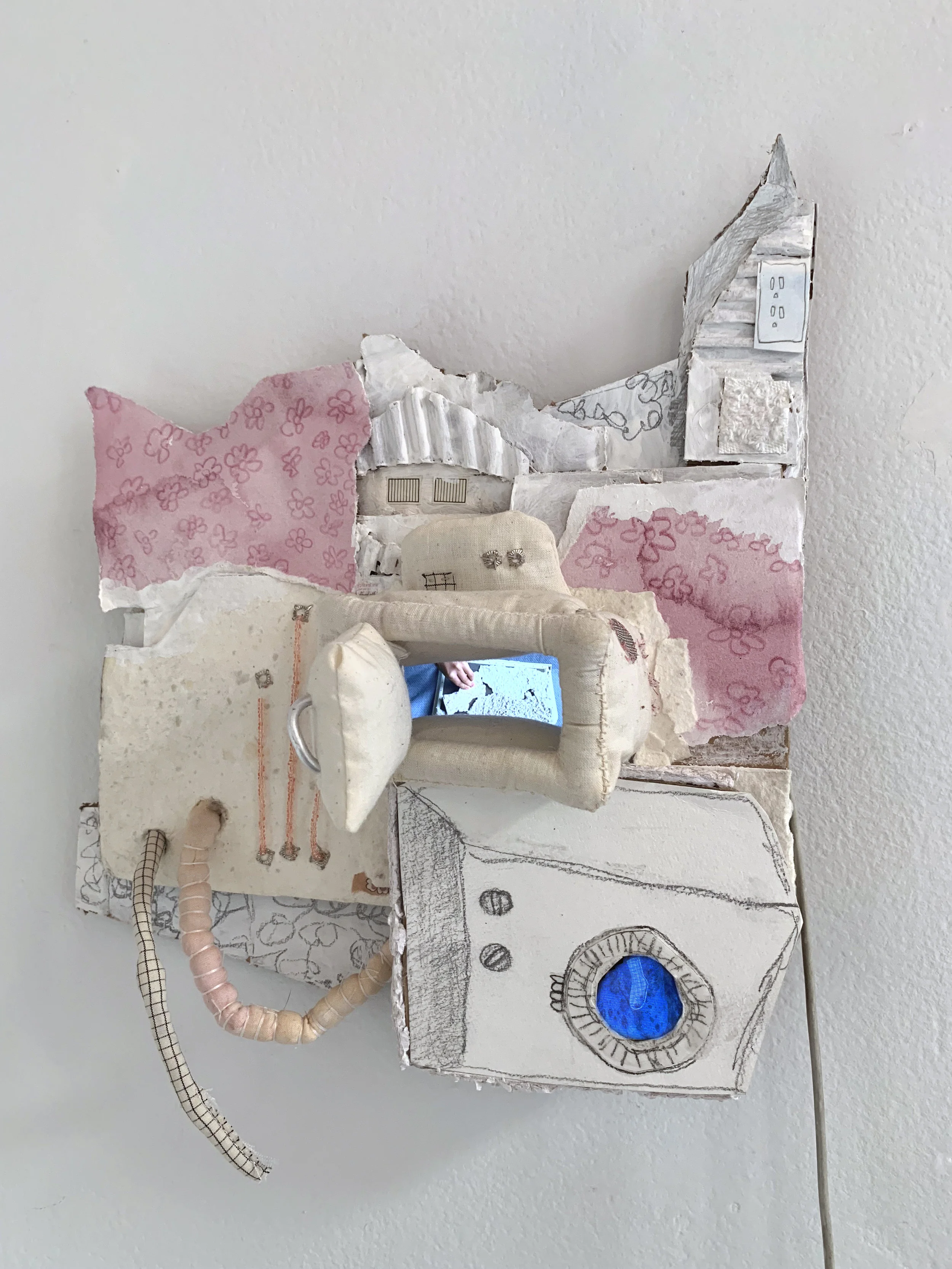 Untitled 3, cardboard, paper, watercolor, beads, paint, fabric, graphite, video, picture slideshow, 2018 In collaboration with Rachel Wilkins