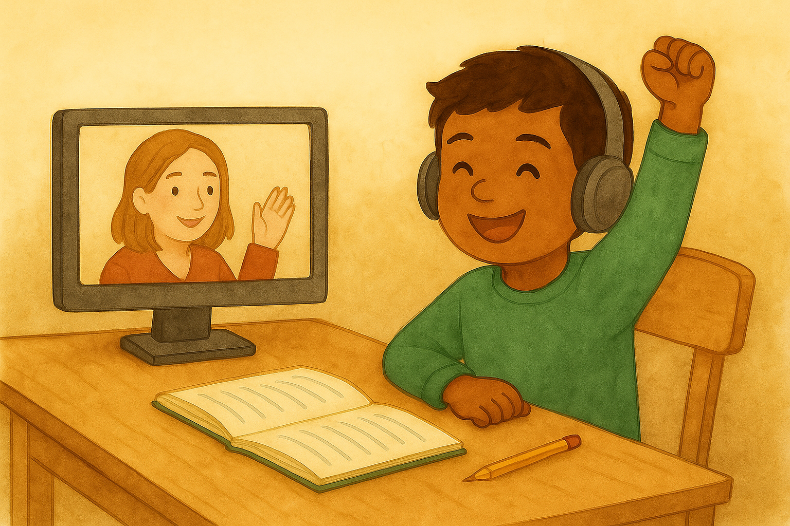 A child celebrates his reading success with a speech-language pathologist who is providing virtual therapy. The child has brown skin and brown hair with a green shirt. The SLP has beige skin, brown hair, and a red shirt; she is waving.