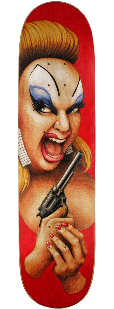 Kill Everyone Now! - colored pencil on maple skateboard deck, 7" x 32"