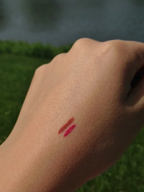 Left Swatch-TARTE in Latergram Right Swatch- Bite in Kimchi