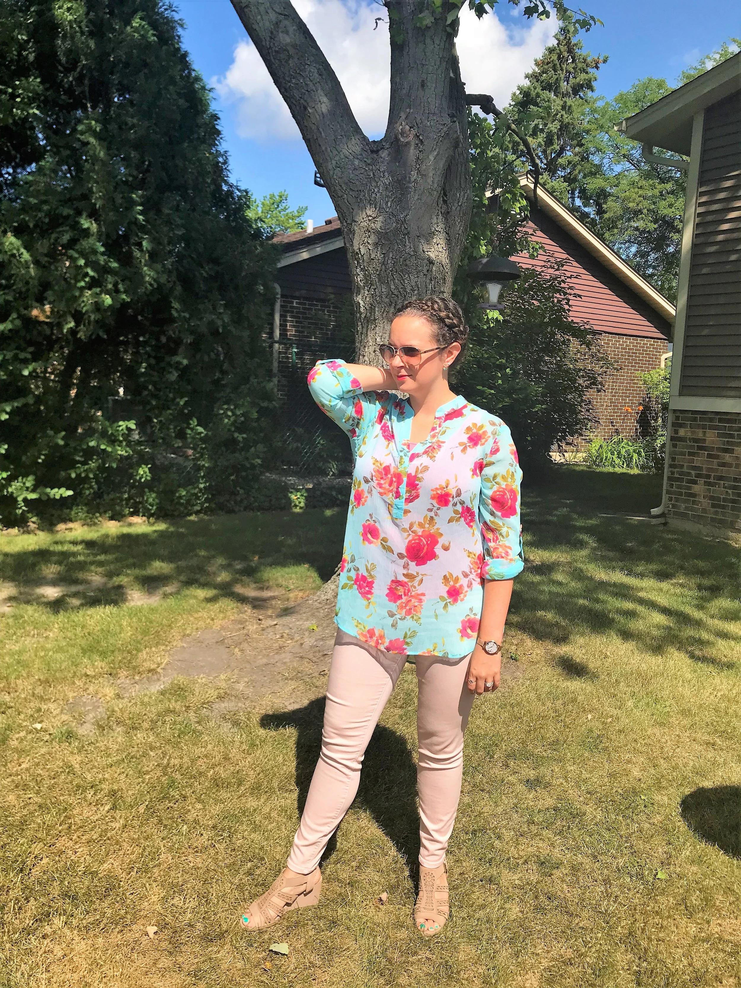 Top: Lucida Floral Blouse Pants: Connie Slim Fit Ankle Skinny in Rose Shoes: Gianni Bernini Wedges (old) Watch: Olivia Butron Enchanted Garden Sunglasses: Kate Spade (old)