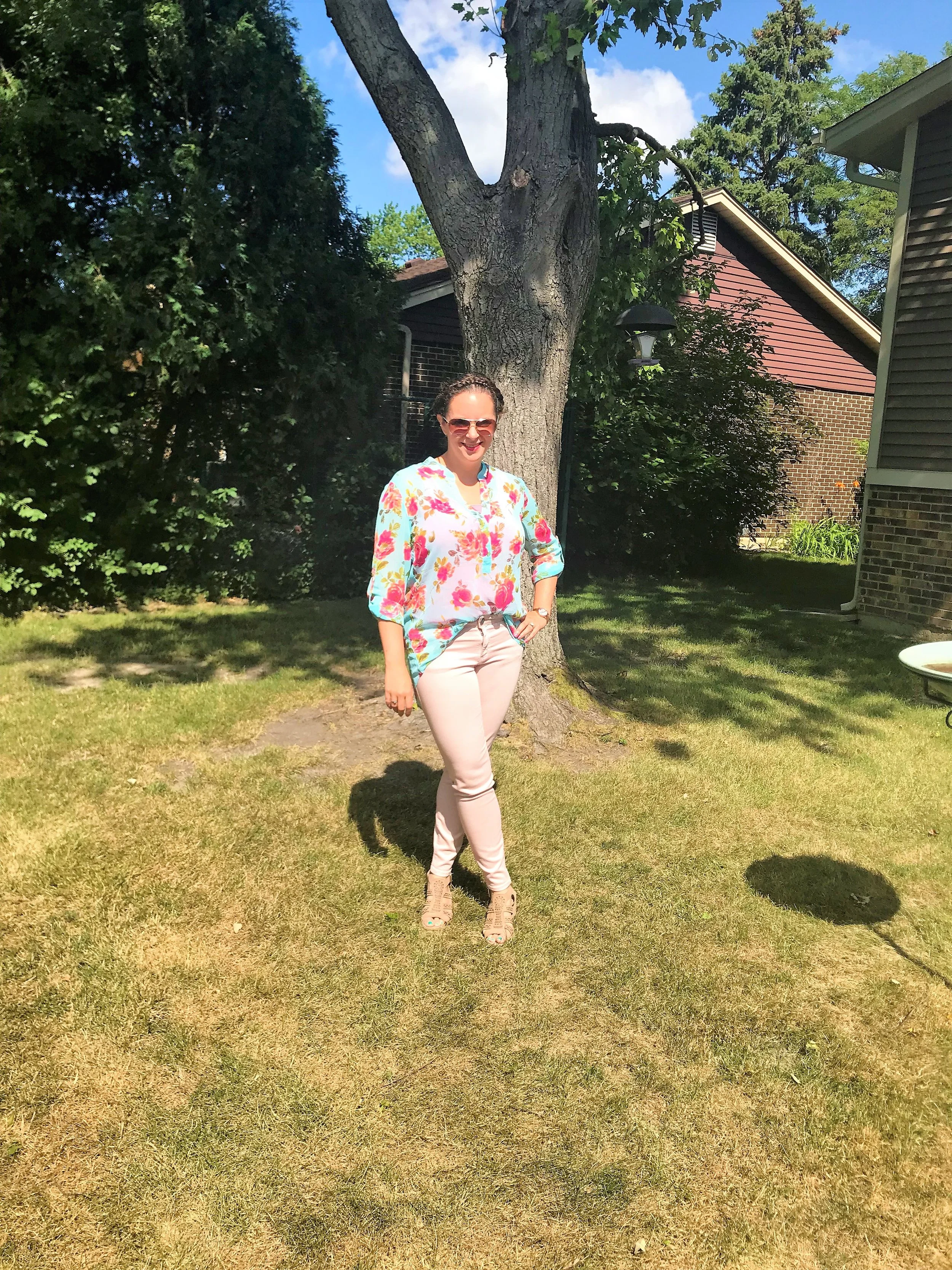 Top: Lucida Floral Blouse Pants: Connie Slim Fit Ankle Skinny in Rose Shoes: Gianni Bernini Wedges (old) Watch: Olivia Butron Enchanted Garden Sunglasses: Kate Spade (old)