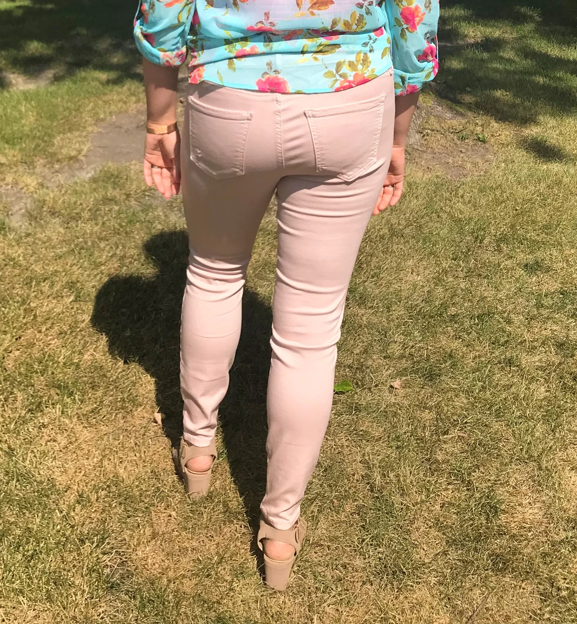 Top: Lucida Floral Blouse Pants: Connie Slim Fit Ankle Skinny in Rose Shoes: Gianni Bernini Wedges (old) Watch: Olivia Butron Enchanted Garden Sunglasses: Kate Spade (old)