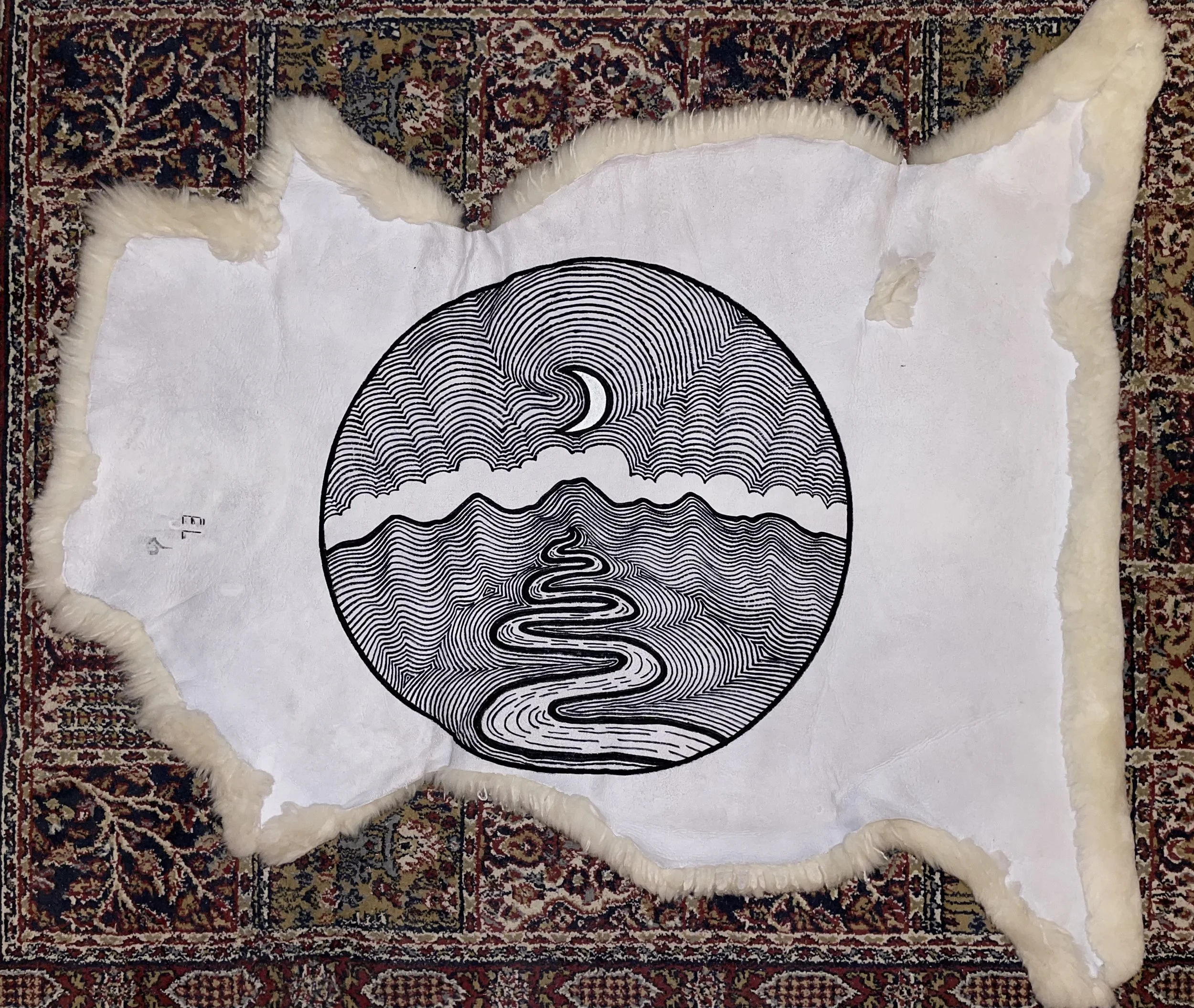 Moon River - One-of-a-kind Hand Drawn Shearling Throw/Rug - Natural