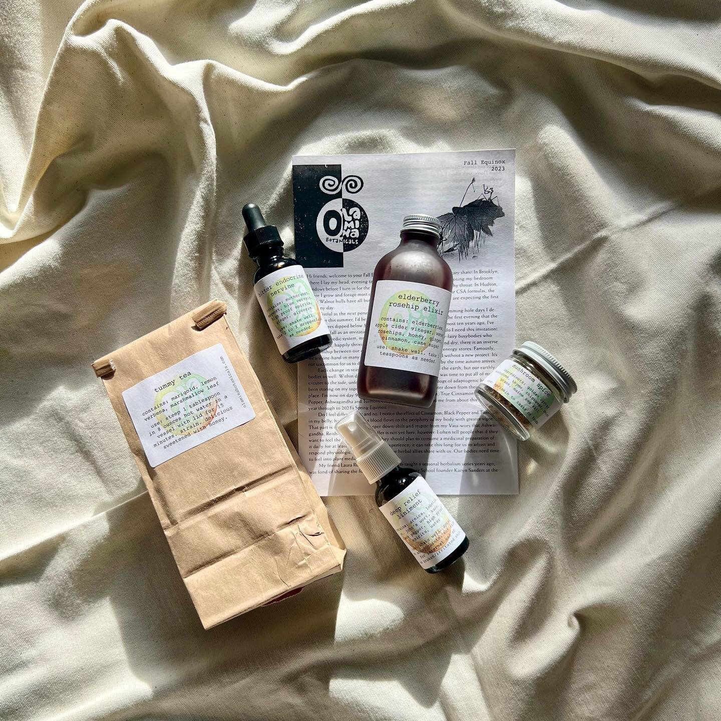 Jess here, finally posting an image of the Fall Equinox shares I sent members of Olamina Botanicals' Community Supported Apothecary (CSA) 2 months ago, the second of 4 herbal wellness boxes members will receive during the 2023-2024 season&mdash;which