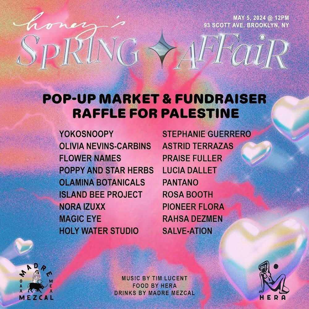 ☆ Come say hi Sun, 5/5 12pm - 6pm at the Spring Affair Pop-Up @magiceye_o is organizing at @honeysbrooklyn ☆ with a raffle fundraiser for @heal.palestine 

from @magiceye_o : 

Vendors will offer a range of goods from jewelry, clothing, ceramics and 