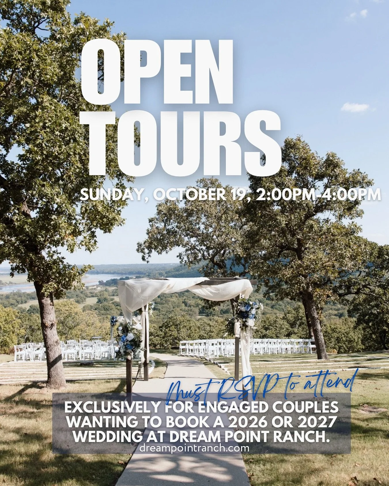 No vendors, no pressure. Just the venues, the views and you. 

We are open for come and go tours on Sunday, October 19 from 2:00pm-4:00pm strictly for engaged couples that are wanting to get married at Dream Point Ranch in 2026 or early 2027.

You MU