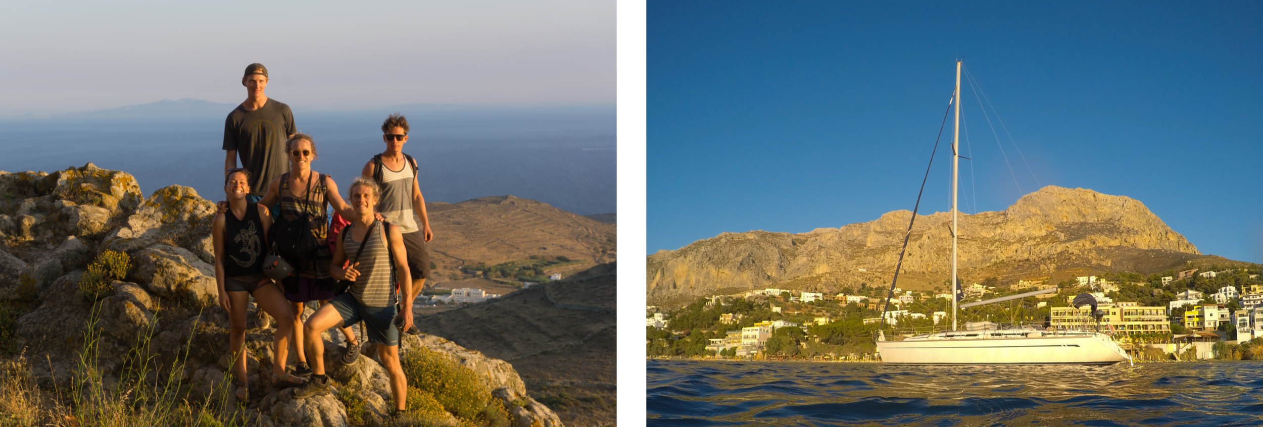 Back row from left to right: Spencer Montgomery, Ian Drogin. Front row: Anna Adamski, Aaron Adamski, Tyler Drogin. Our floating home anchored at Masouri Beach, on the Island of Kalymnos.