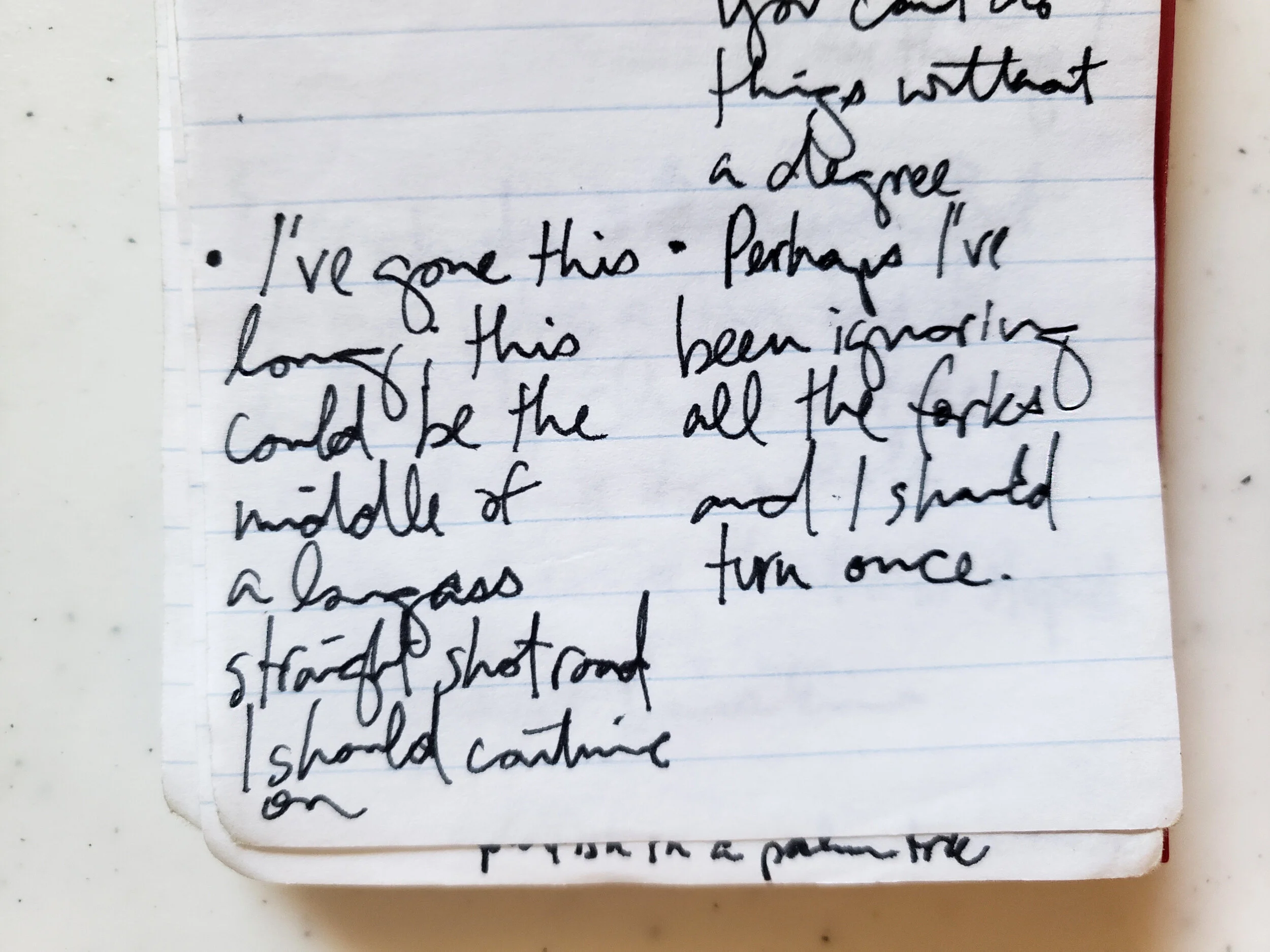 "Perhaps I've been ignoring all the forks and I should turn once."