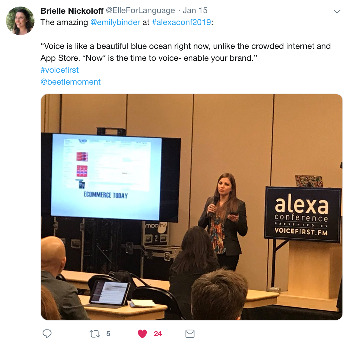 Brielle Nickoloff with Witlingo gets it: we have a pristine, quiet place with voice right now - so take advantage with marketing your brand early. It will get crowded like the bloody red sea that is the rest of the internet - fast. Brielle and I did a live audio Castlingo from the conference - enable the Emily Talks skill then say “Alexa, launch Emily Talks” to hear it.