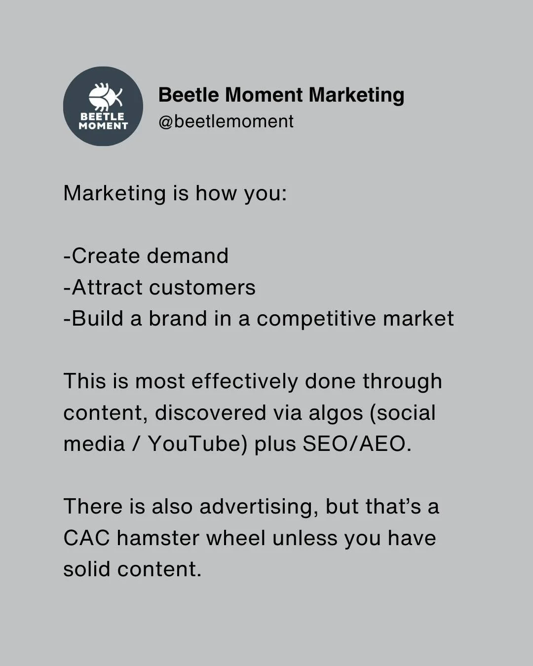 A single video can become cornerstone content and drive qualified inbound leads, for free, for months or years while you sleep. Example:

Three year ago our client posted a YT video that has racked up 90k views.
The content is a specific, highly valu