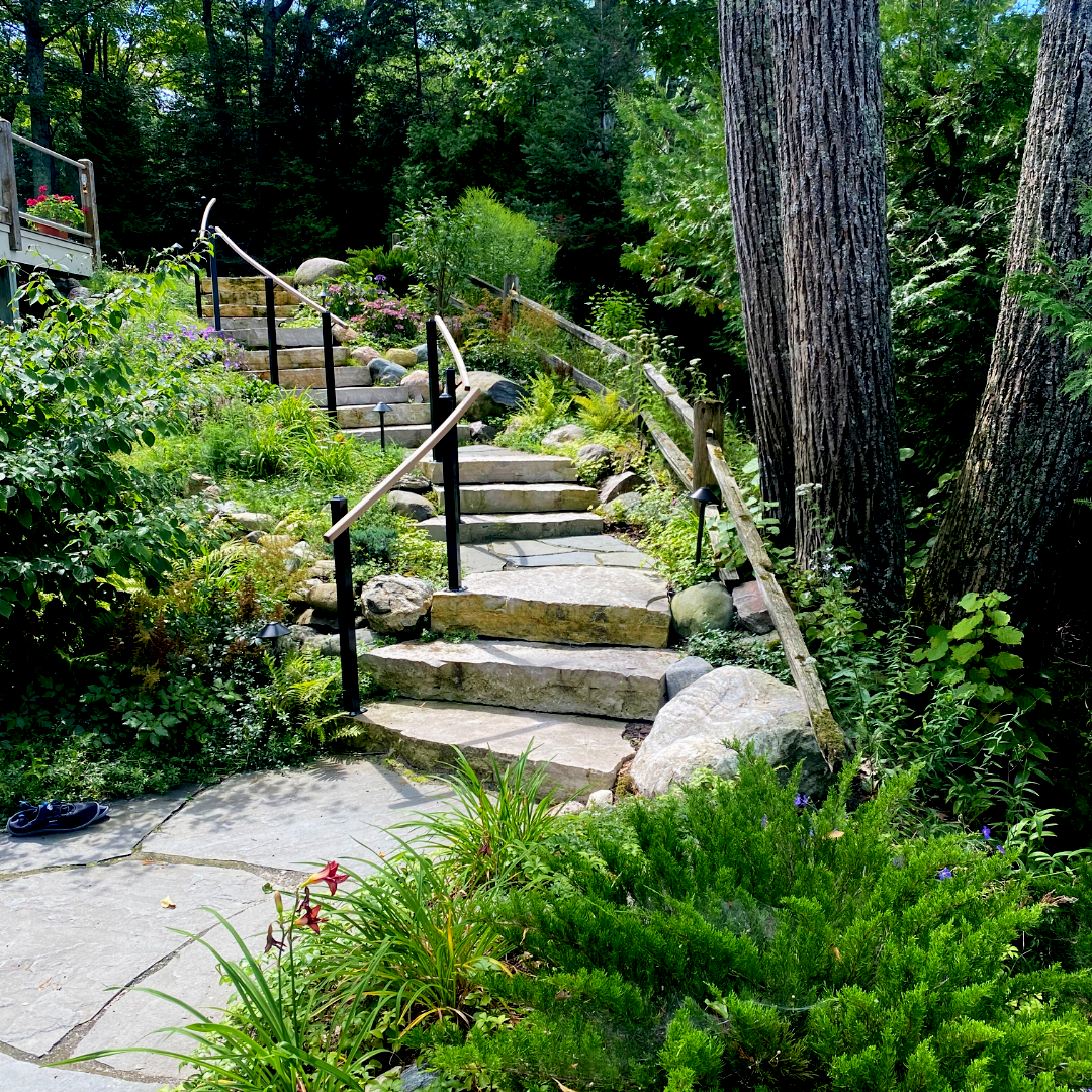 A stone staircase wending through a lush, green garden with trees and shrubs, bordered by a wooden fence and black metal railings. A pair of black shoes is on the ground near the bottom of the stairs.