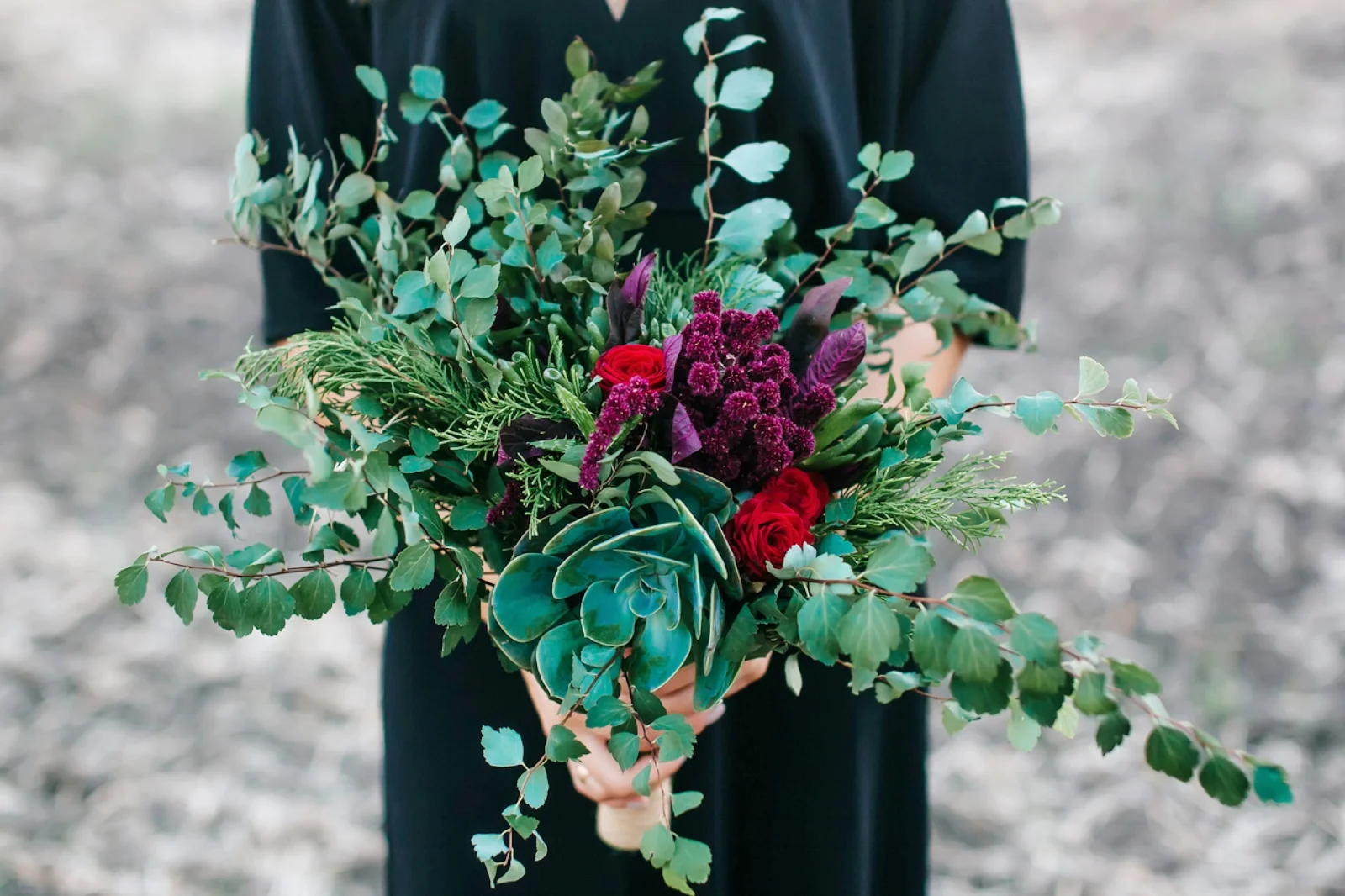 Eucalypts, succulents and local leaves make for a stunning beach bouquet.