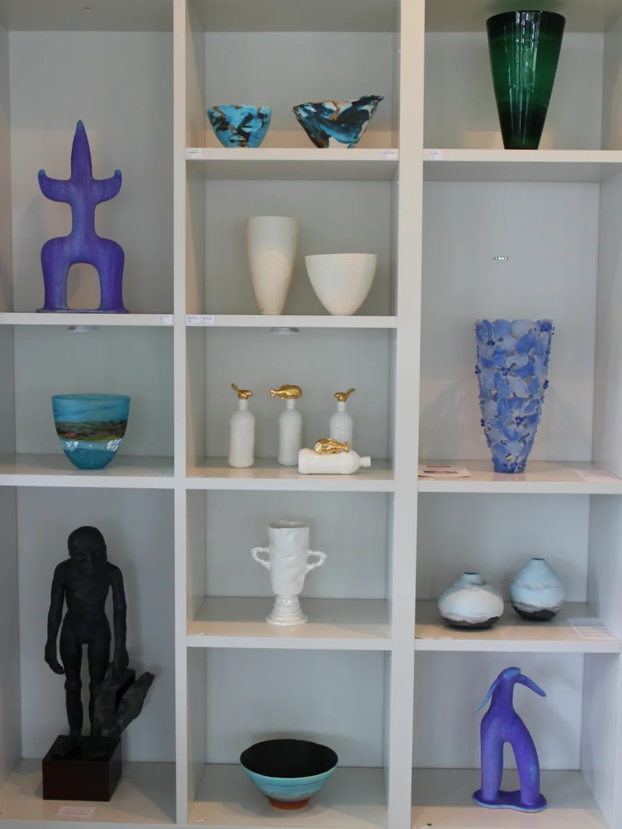 Ceramic hand-built sculptures and pate-de-verre glass vessels...a stunning display.