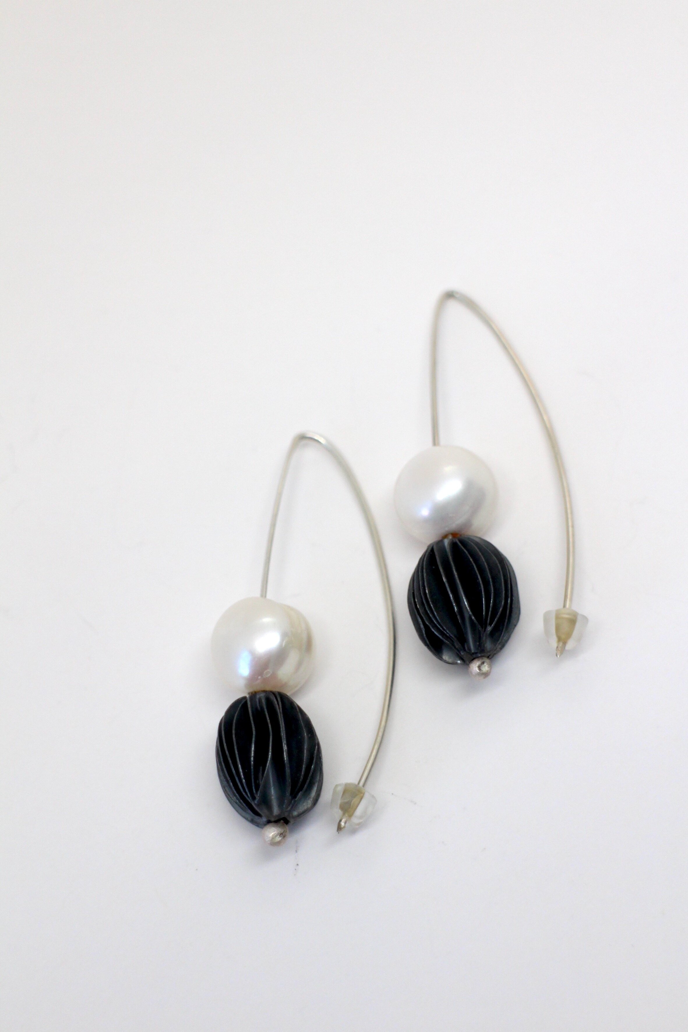 Pod Silver Oxide and Pearl Earrings