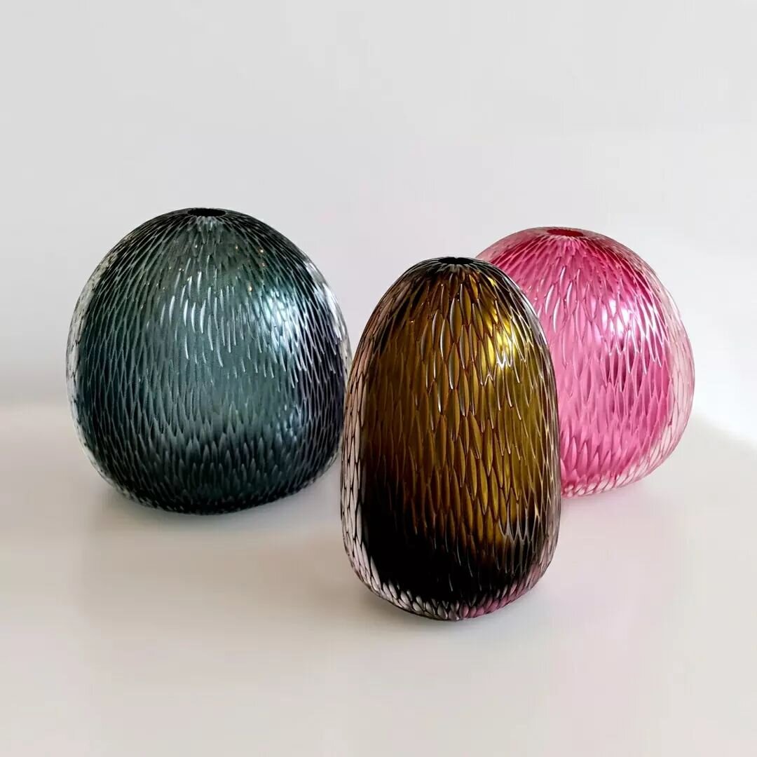 Lyndsay Patterson creates the most stunningly textural hand-blown &amp; hand-carved Glass objects. These &quot;Rewa Forms&quot; are in the most stunningly jewel-like colourways, which sparkle and glow with the most deliciously deep tones. The carved 