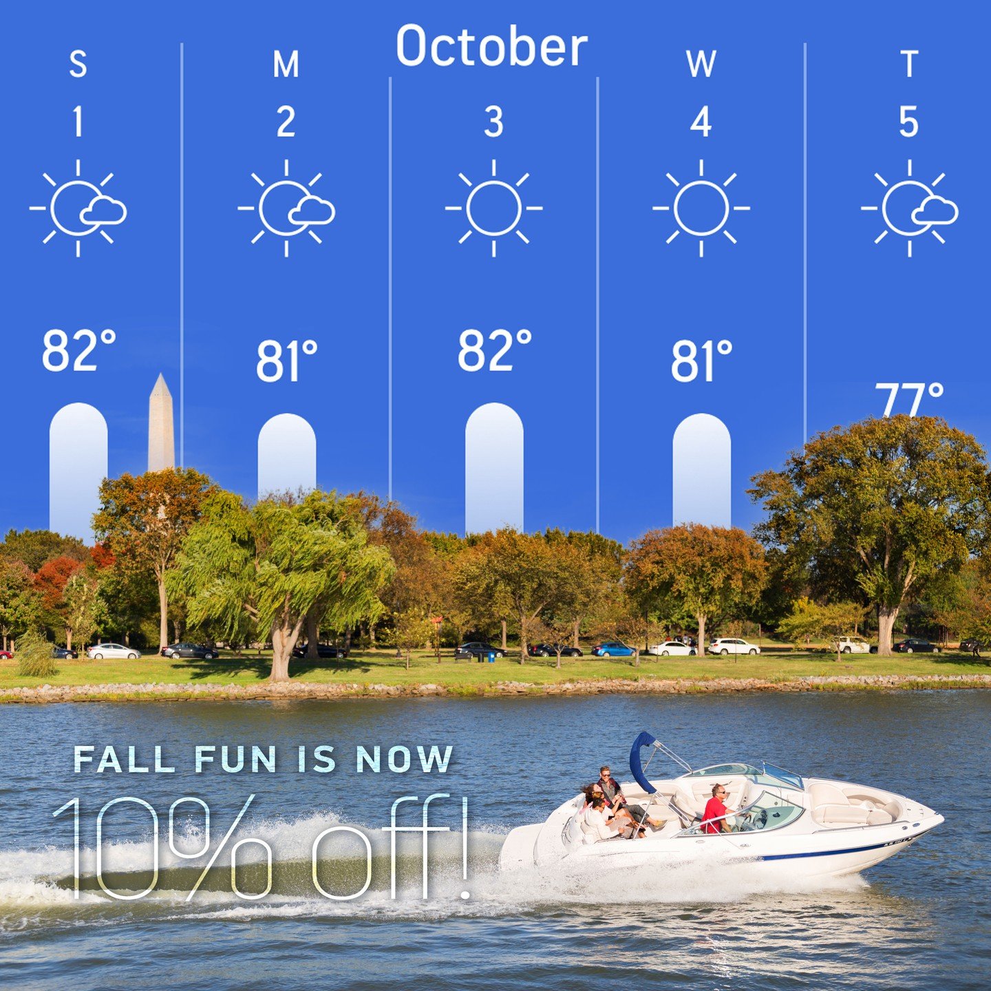 Get 10% off for Fall bookings made in October! Use code: Fall23
.
In case you missed it, October&rsquo;s forecast is starting off swimmingly! Don&rsquo;t miss what many boaters claim is the best time of year to be on the water. 🍁
.
(Limitations and 