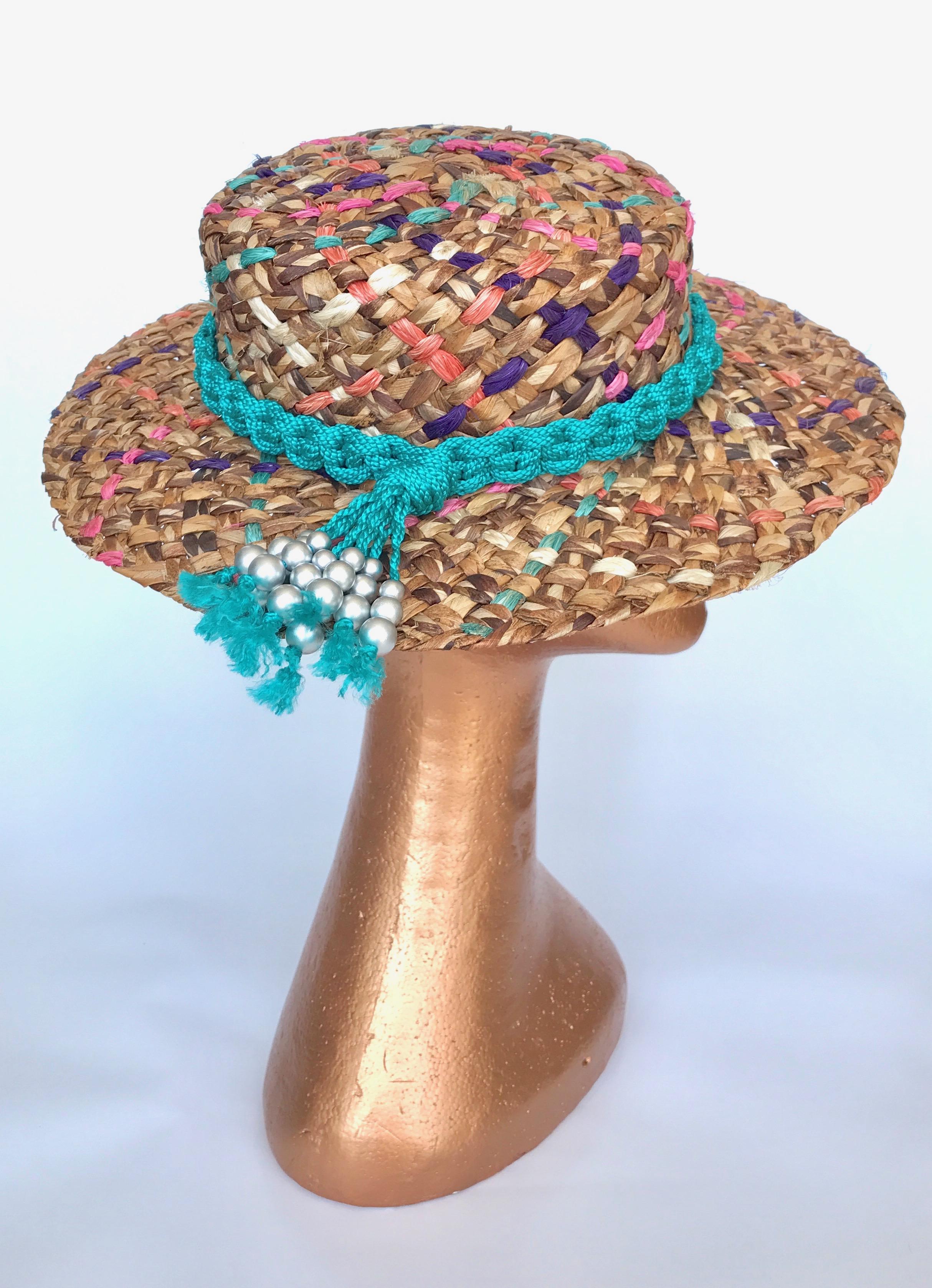 Teal Tassel Resort Boater by Edwina Woods Millinery