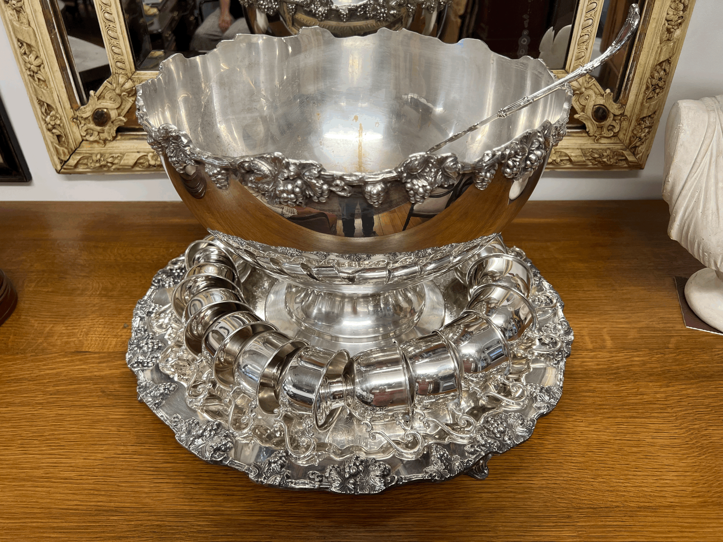 Huge silver plate punch bowl with 12 goblets