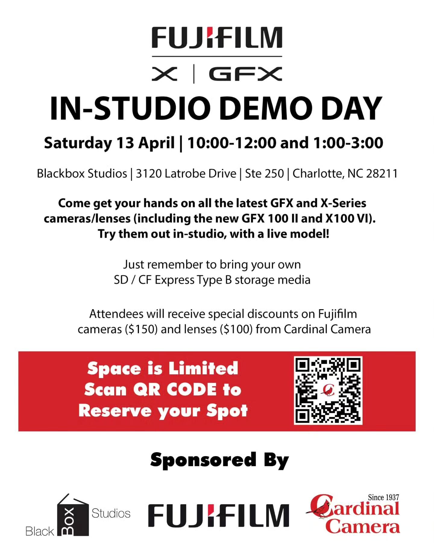 https://www.eventbrite.com/e/fujifilm-in-studio-demo-day-tickets-877572501977

Free hands-on demo day, in-studio, with a live model.

Fuji rep will have NEW GFX100 II and NEW X100 VI!

#fuji #Fujifilm #fujifilm_xseries #fujifilmgfx #gfx100ii #gfx100s