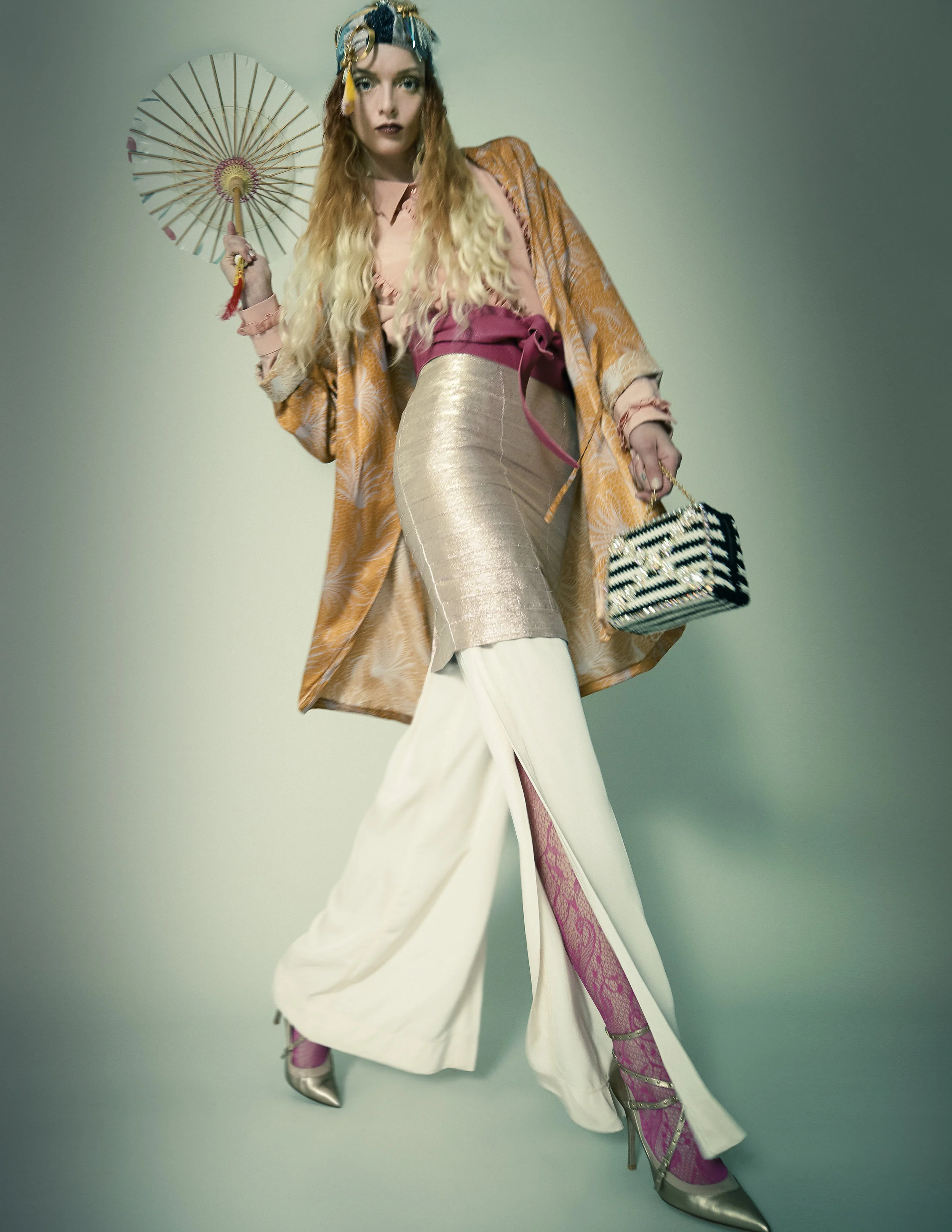Shirt – RochasSkirt – Roseanna Trousers – Nenette Belt – Orciani Brooch – Chloé Necklace – Sciumé Headband – Circus Hotel Shoes – Valentino Kimono – Dries Van Noten Bag – Moschino 
