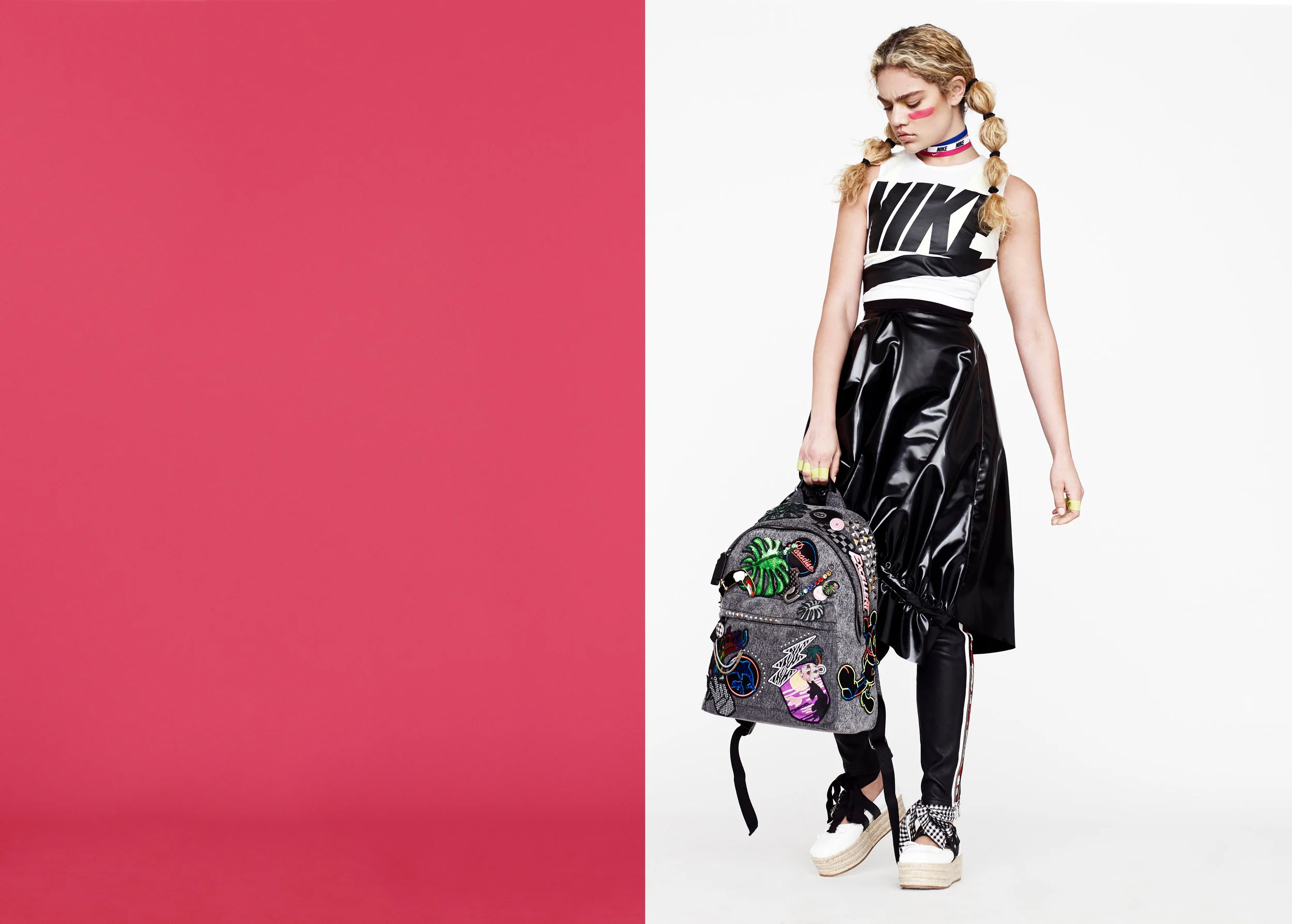 Kiana -Black leather pant by Alexander McQueen @ Neiman Marcus, $3,075 -Black skirt by Marques Black @ Nordstrom, $730 -Shoe by Miu Miu @Nordstrom, $670 -Paradise Backpack by Marc Jacob @ Nordstrom,$850 -Nike tee @Nike.com