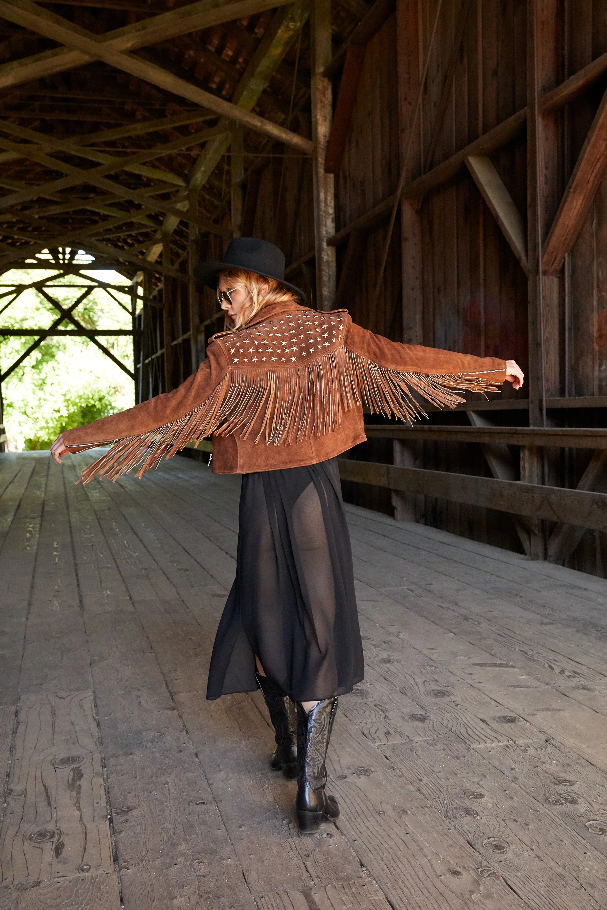 Dress by Sandro Paris. Jacket by Understated Leather. Hat by Levis. Glasses by Ray Ban. Vintage Boots