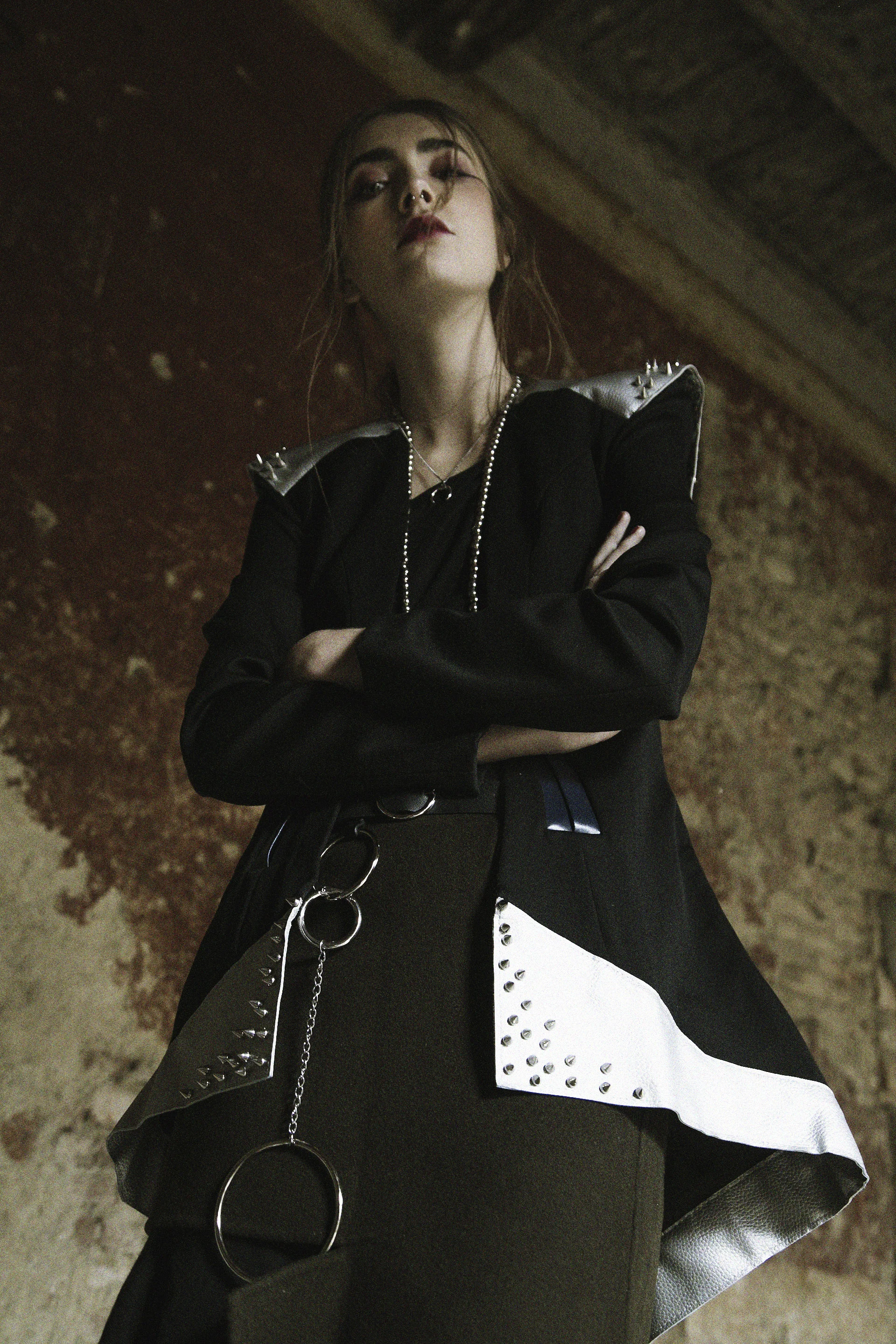 Jessica / Jacket: Sveva Parlato. Top: Lost&Found. Skirt: MM6. Necklaces: H&M and stylist’s own. Belt: Topshop.