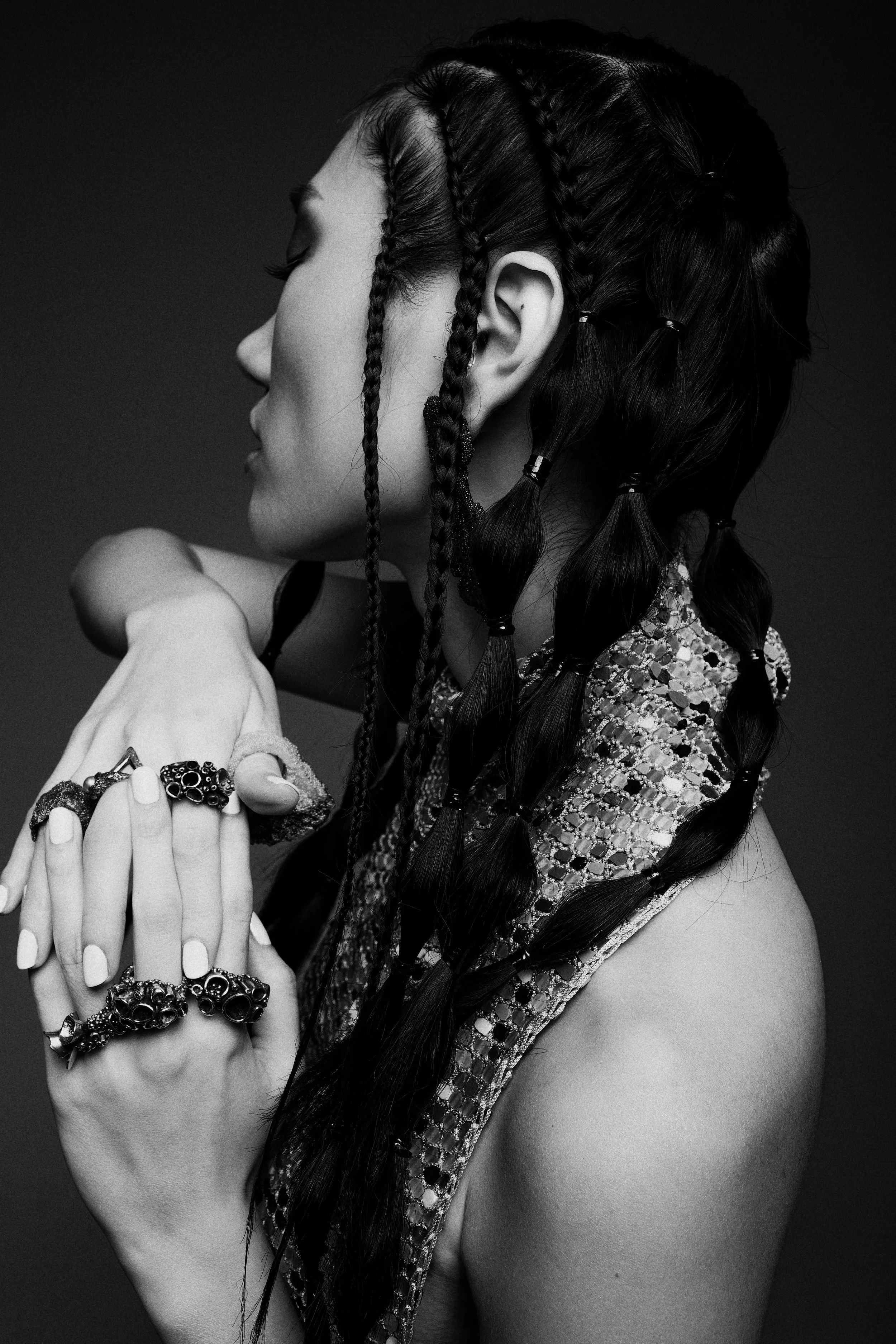Dress - Rhys Ellis @officialrhysellis Rings - Alice Clarke @aliceckarkejewellery and Marianela Loizzo @marianelaloizzo