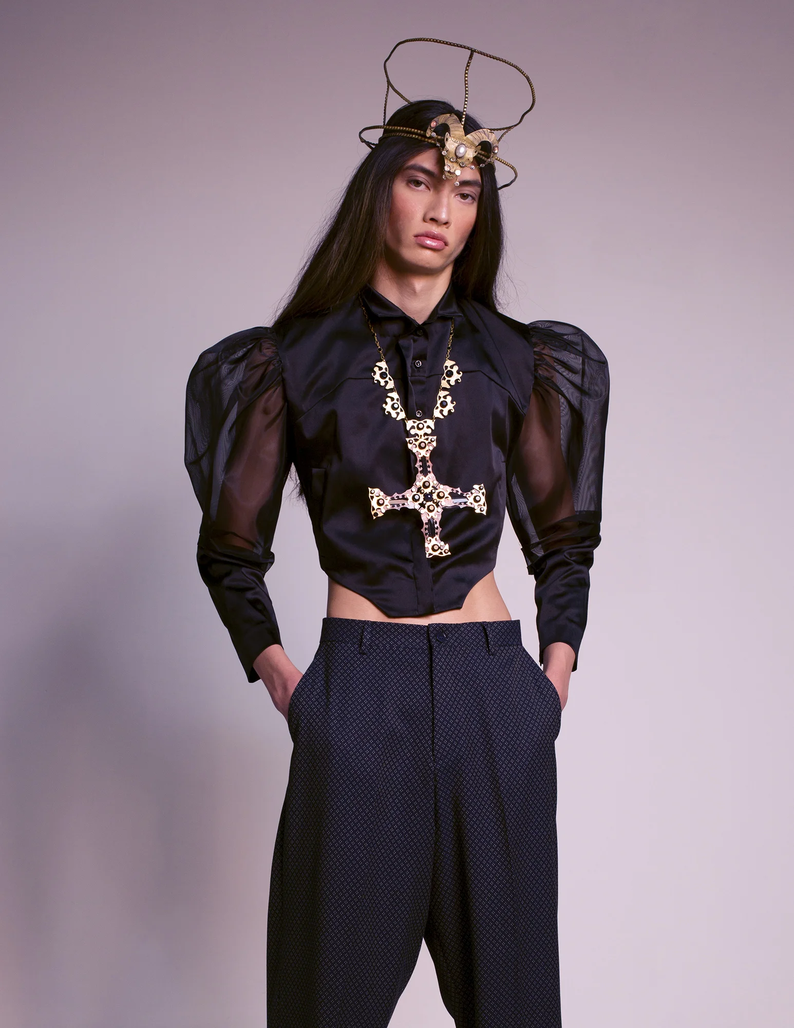 Black Puff Sleeve Top SADIE CLAYTON Trousers ASOS DESIGN Sandals DR MARTENS Headpiece SLIM BARRETT Cross Jeweled Necklace SLIM BARRETT