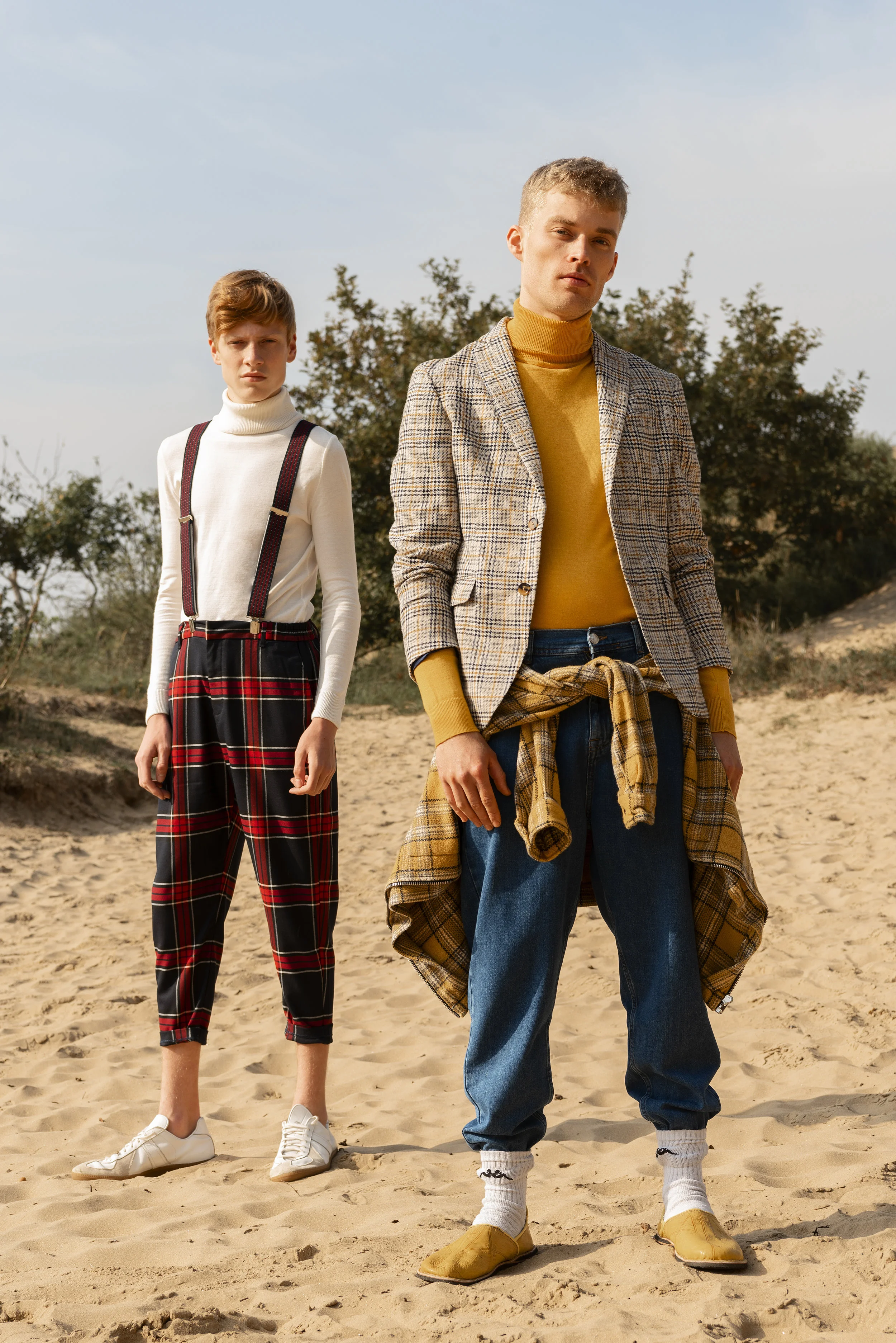 On the left: turtle neck River Island, pants Bershka, shoes stylist wardrobe. On the right: turtle neck River Island, pants Zara, jacket Zara, yellow jacket River Island, socks and shoes stylist wardrobe.