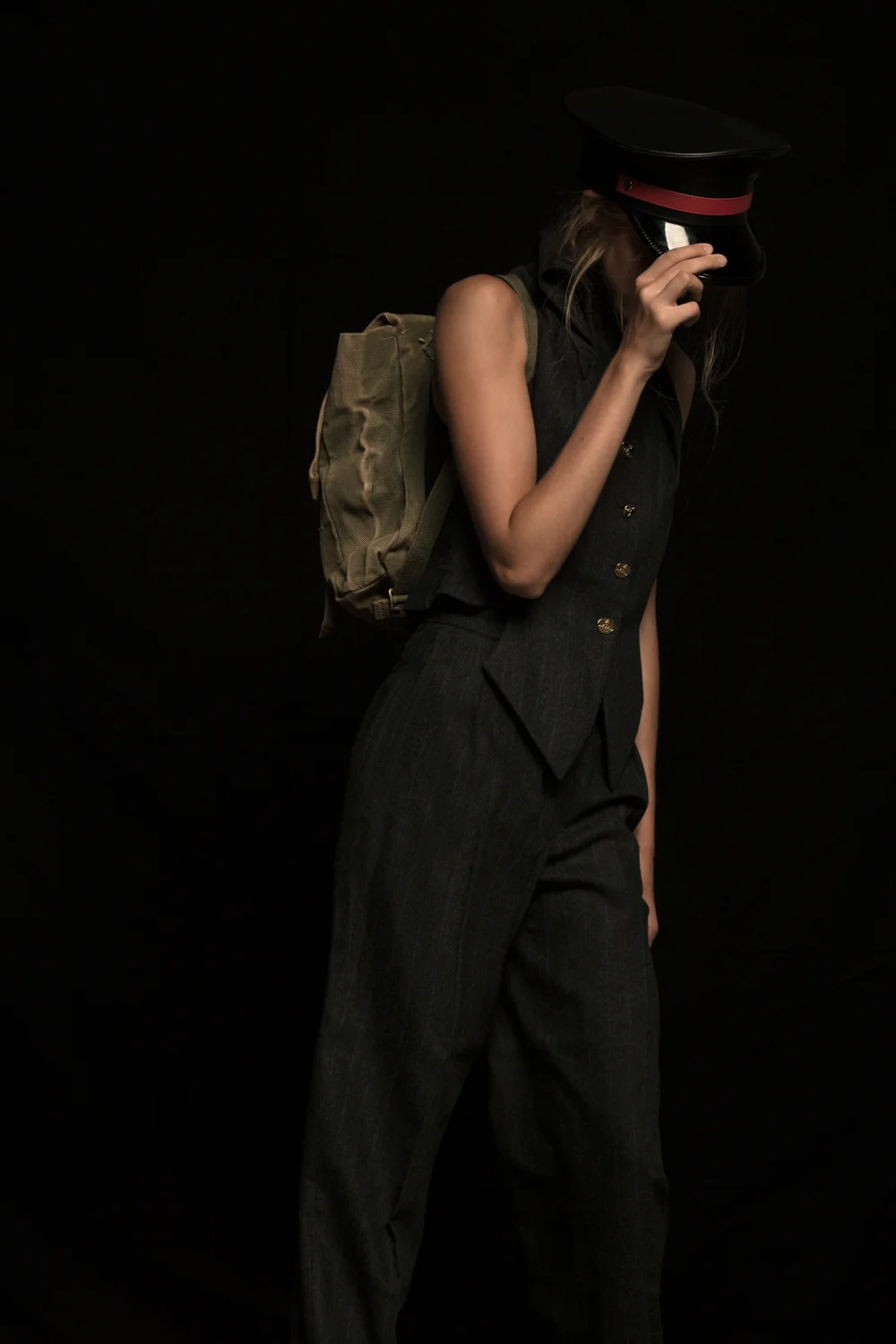 WESTCOAT AND TROUSERS - VIVIENNE WESTWOOD ORIGINAL IIWW MAIL BACKPACK - CHURCH STREET SURPLUS HAT - SACRED HAWK